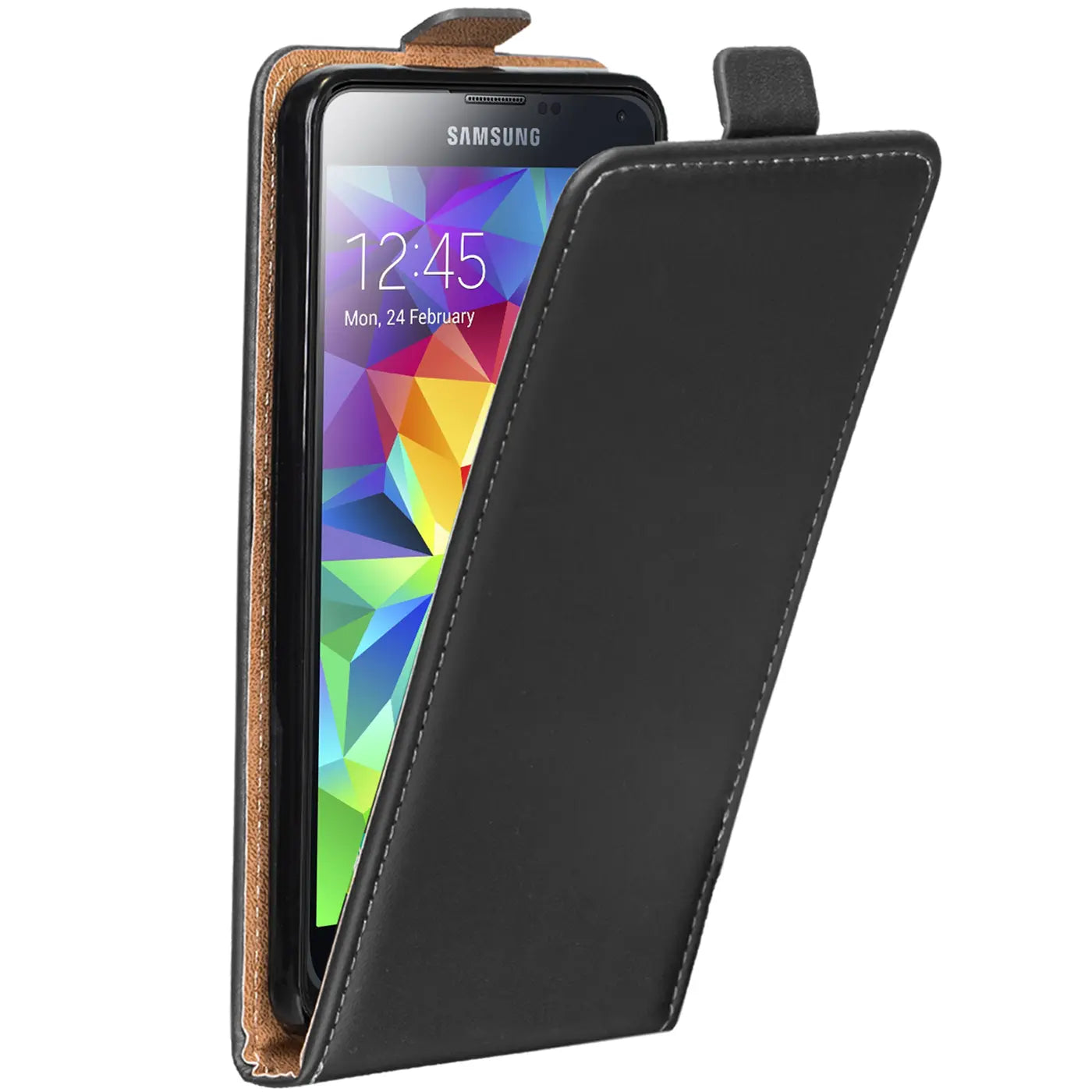 Schwarze Leder-Flip-Hülle mit offenem Deckel, zeigt Samsung Galaxy S5/S5 Neo.