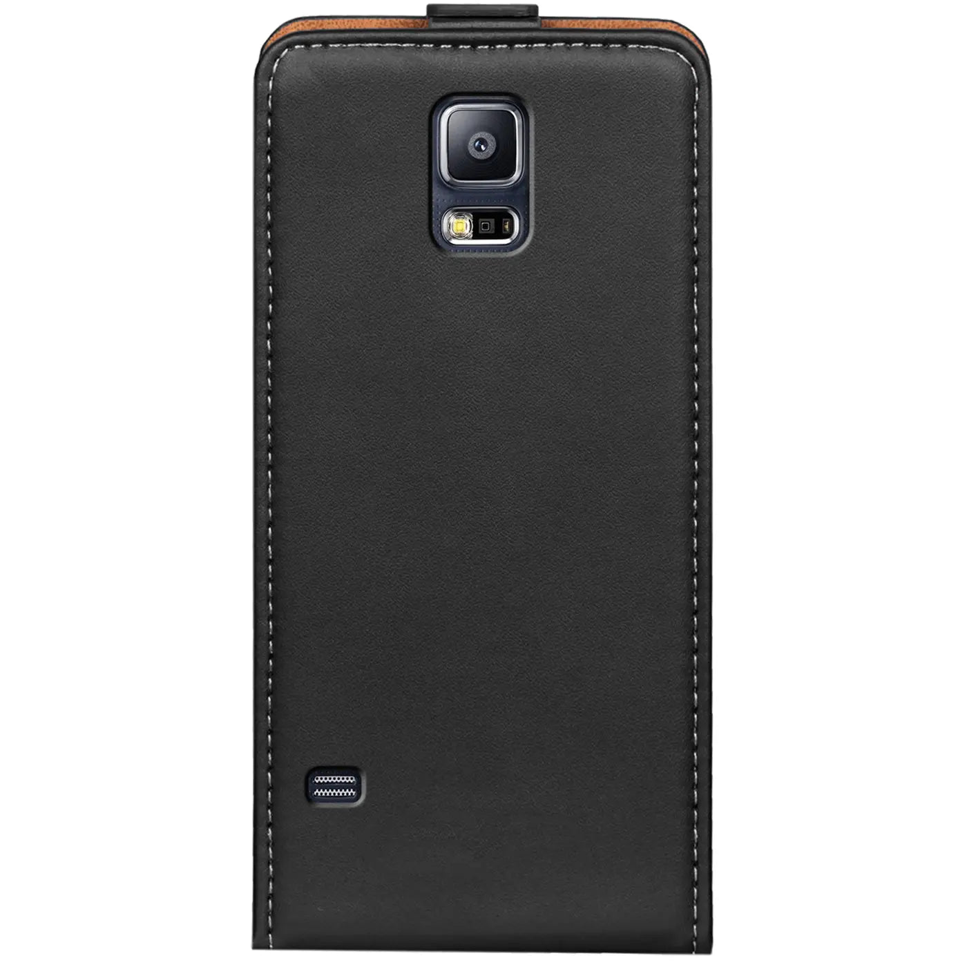 Schwarze Leder-Flip-Hülle für Samsung Galaxy S5/S5 Neo, Rückansicht.