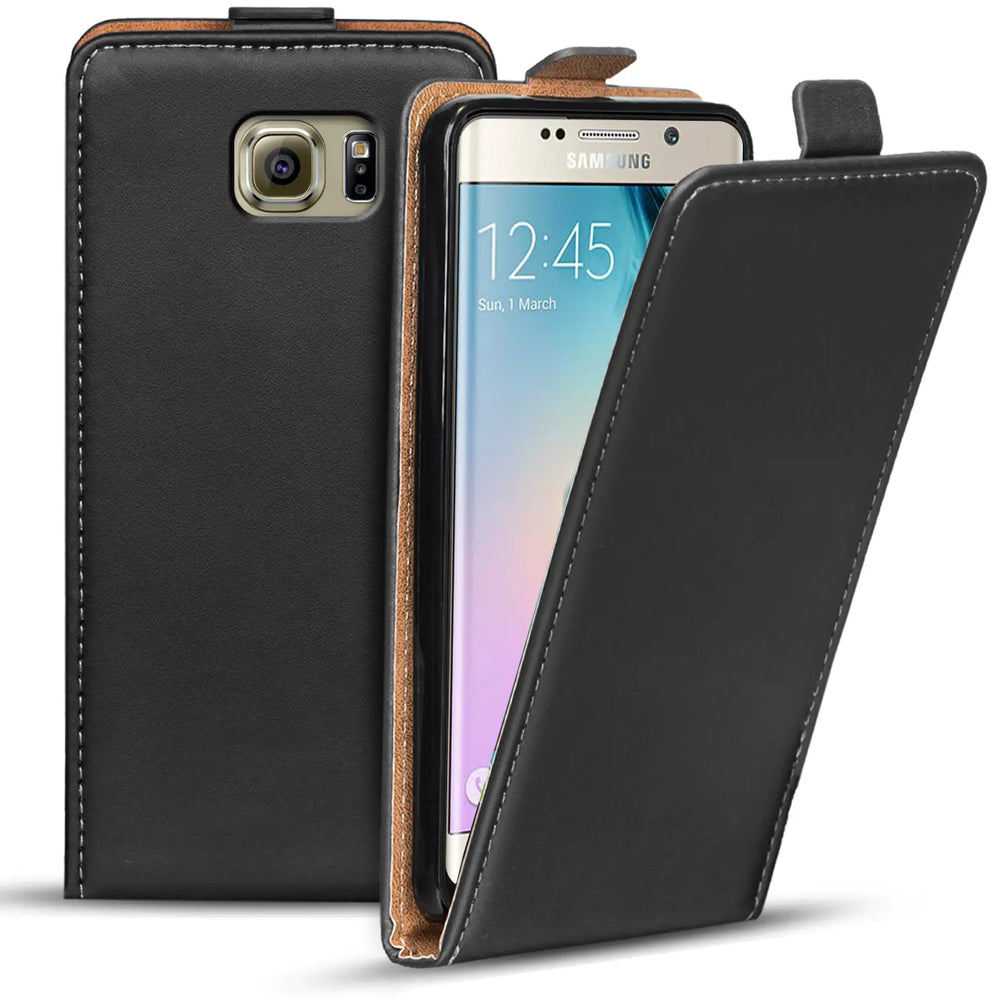 Schwarze Leder-Flip-Hülle mit offenem Samsung Galaxy S6 Edge, von vorne, leicht schräg.