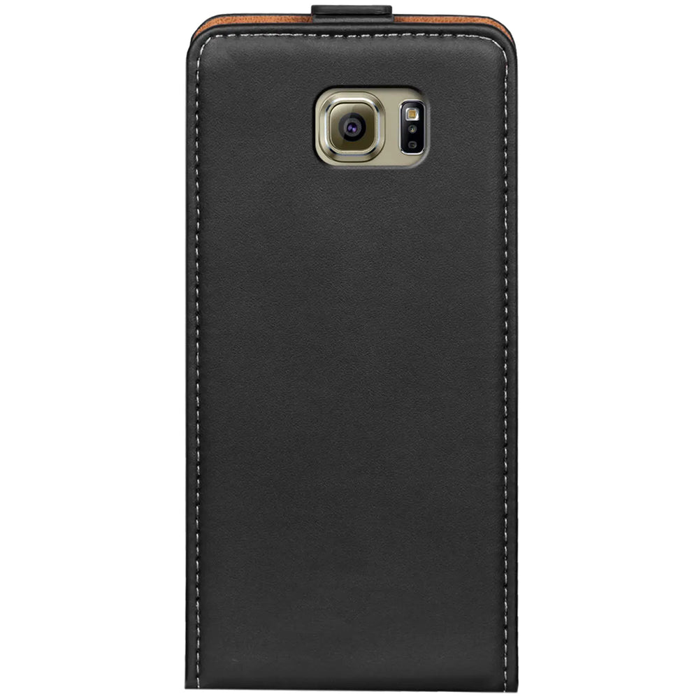 Schwarze Leder-Flip-Hülle mit Nähten, Rückansicht, Samsung Galaxy S6 Edge.