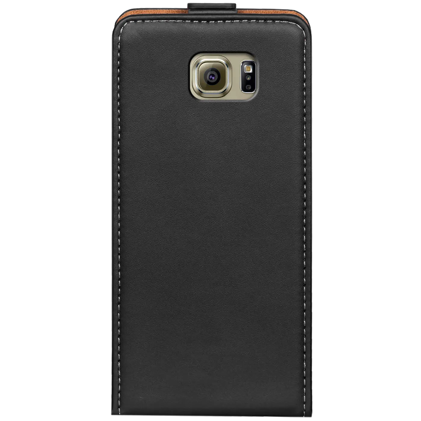 Schwarze Leder-Flip-Hülle mit Nähten, Rückansicht, Samsung Galaxy S6 Edge.