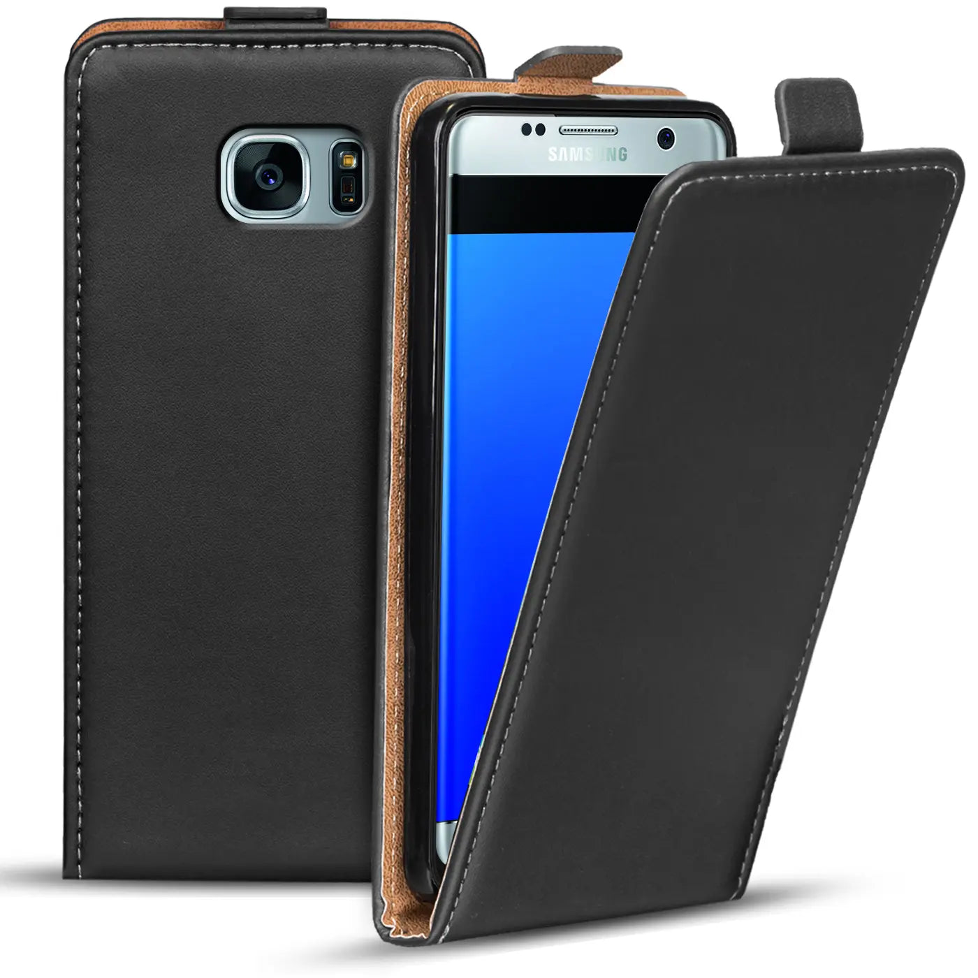 Schwarze Leder-Flip-Hülle für Samsung Galaxy S7, von vorne, leicht schräg