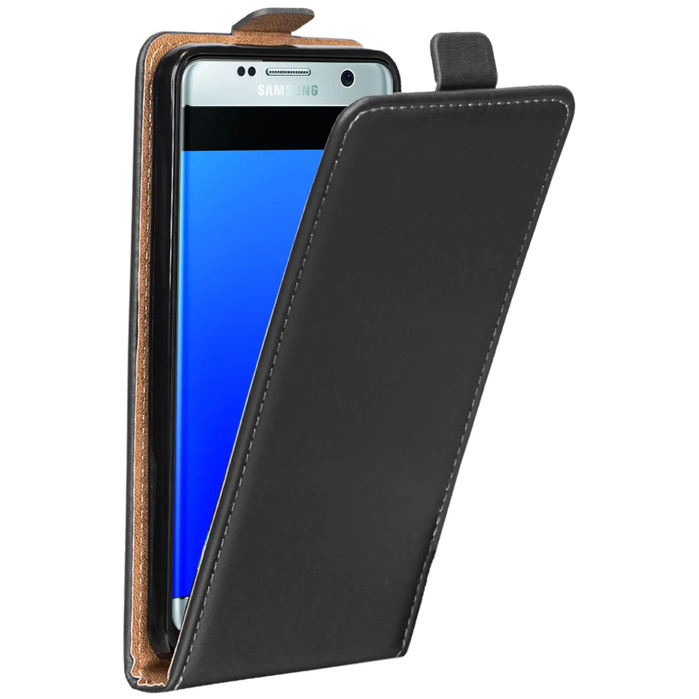 Schwarze Leder-Flip-Hülle mit offenem Deckel, zeigt Samsung Galaxy S7, Seitenansicht.