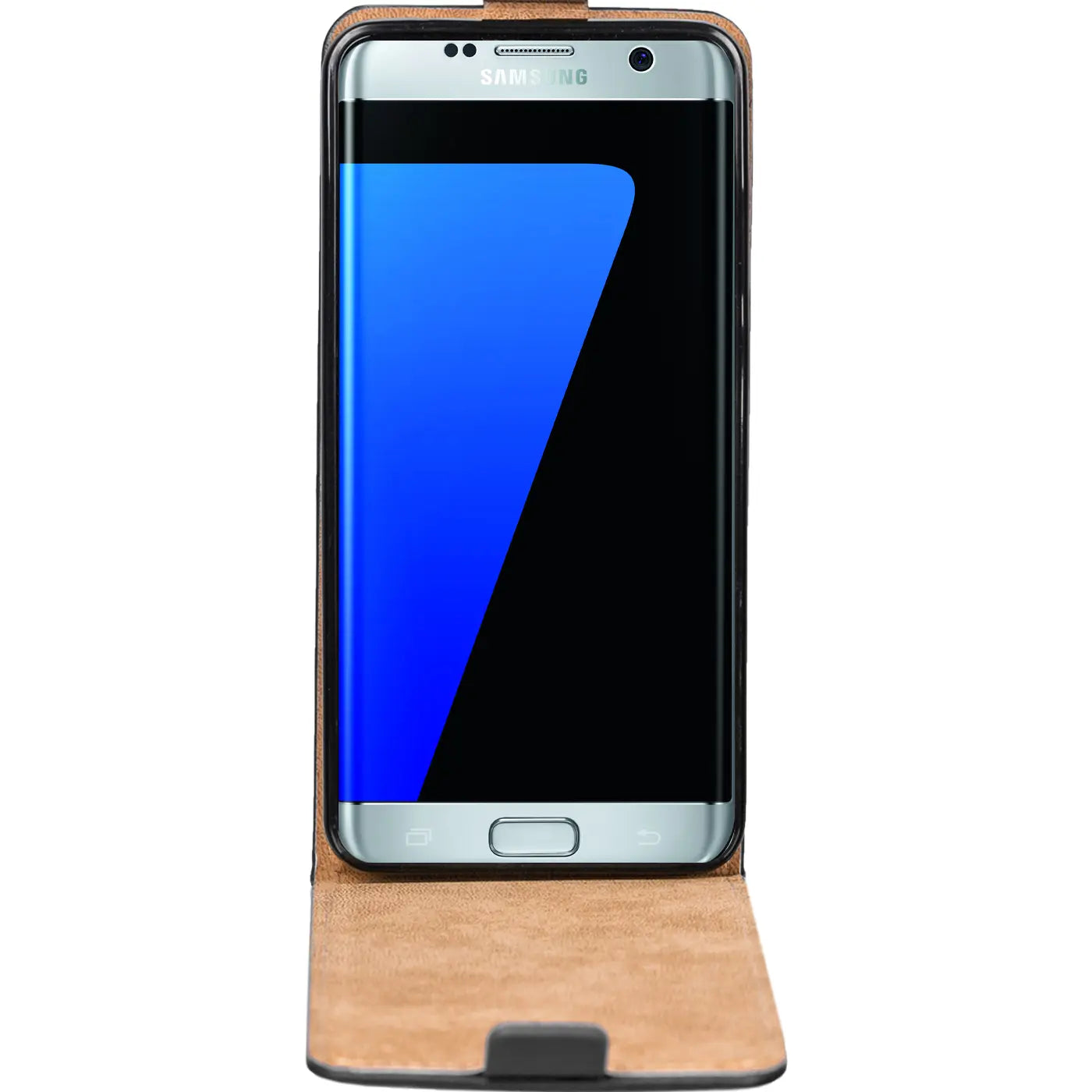 Samsung Galaxy S7 in brauner Leder-Flip-Hülle, Vorderansicht