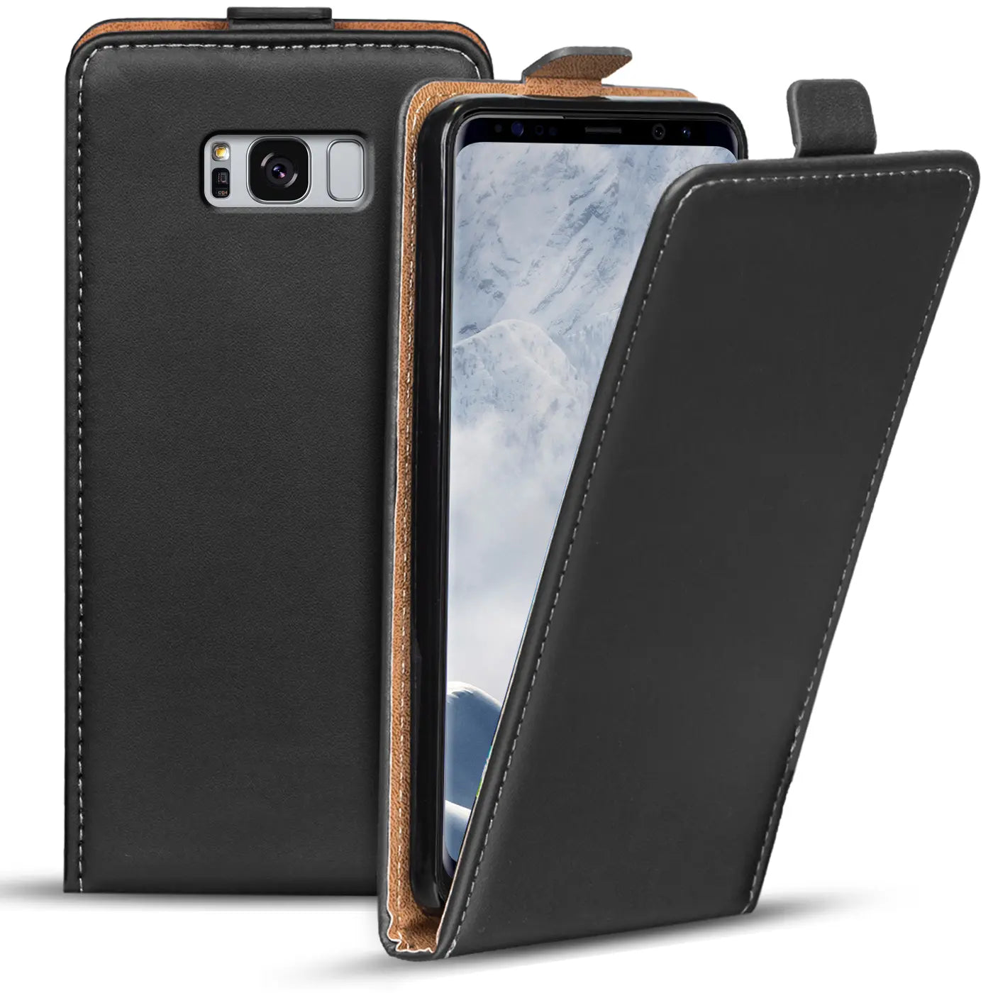 Schwarze Leder-Flip-Hülle für Samsung Galaxy S8, von vorne schräg gezeigt.