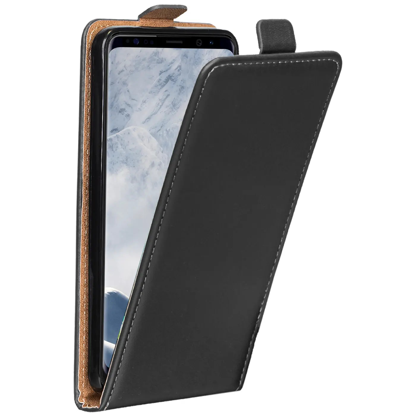 Schwarze Leder-Flip-Hülle für Samsung Galaxy S8, von vorne schräg geöffnet.