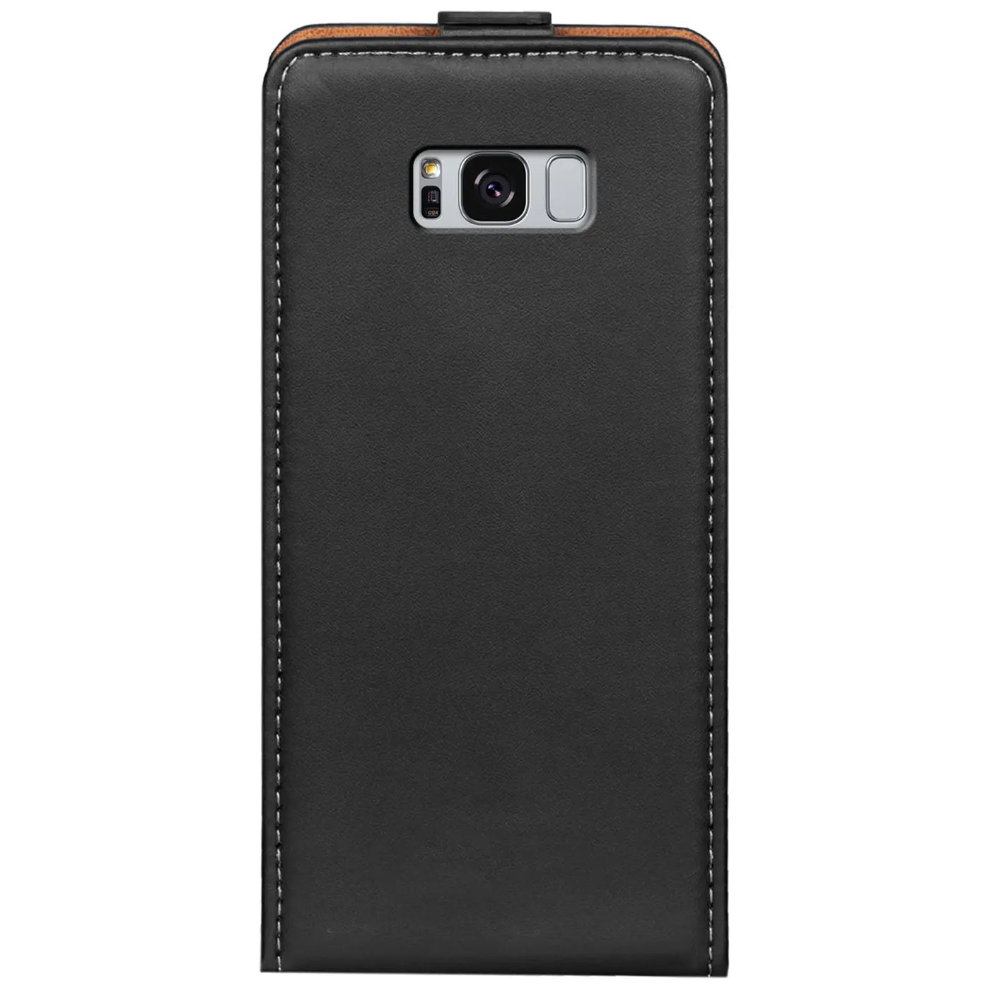 Schwarze Leder-Flip-Hülle für Samsung Galaxy S8, Rückansicht.