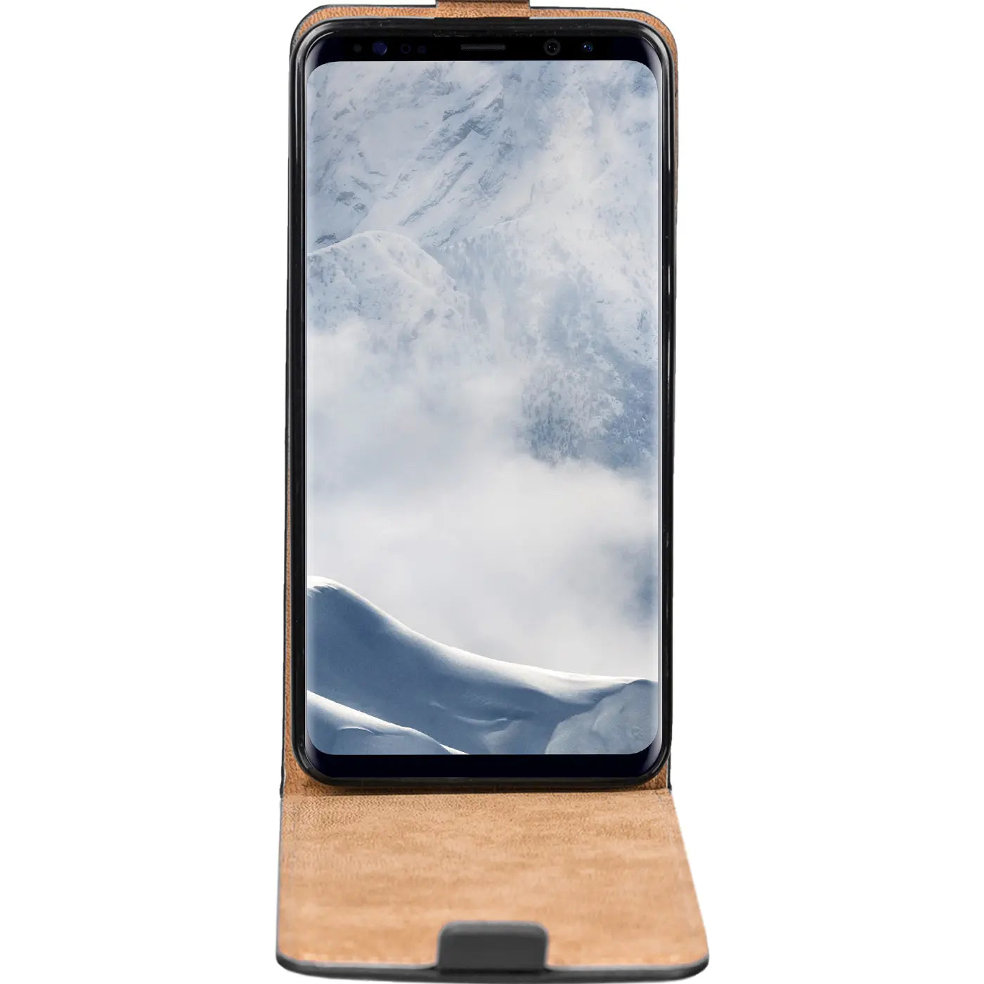 Samsung Galaxy S8 in brauner Leder-Flip-Hülle, von vorne, Klappe geöffnet.