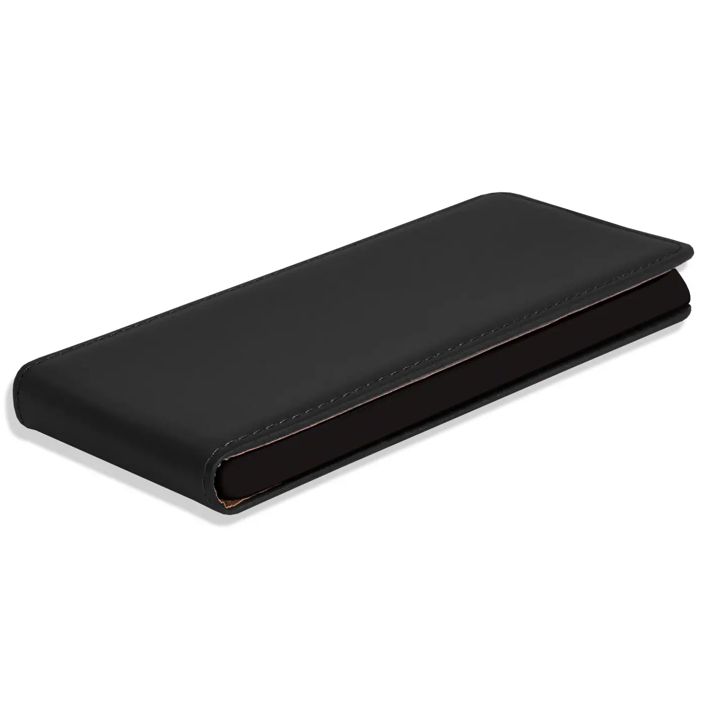 Schwarze Leder-Flip-Hülle für Samsung Galaxy S8, von schräg oben gezeigt.