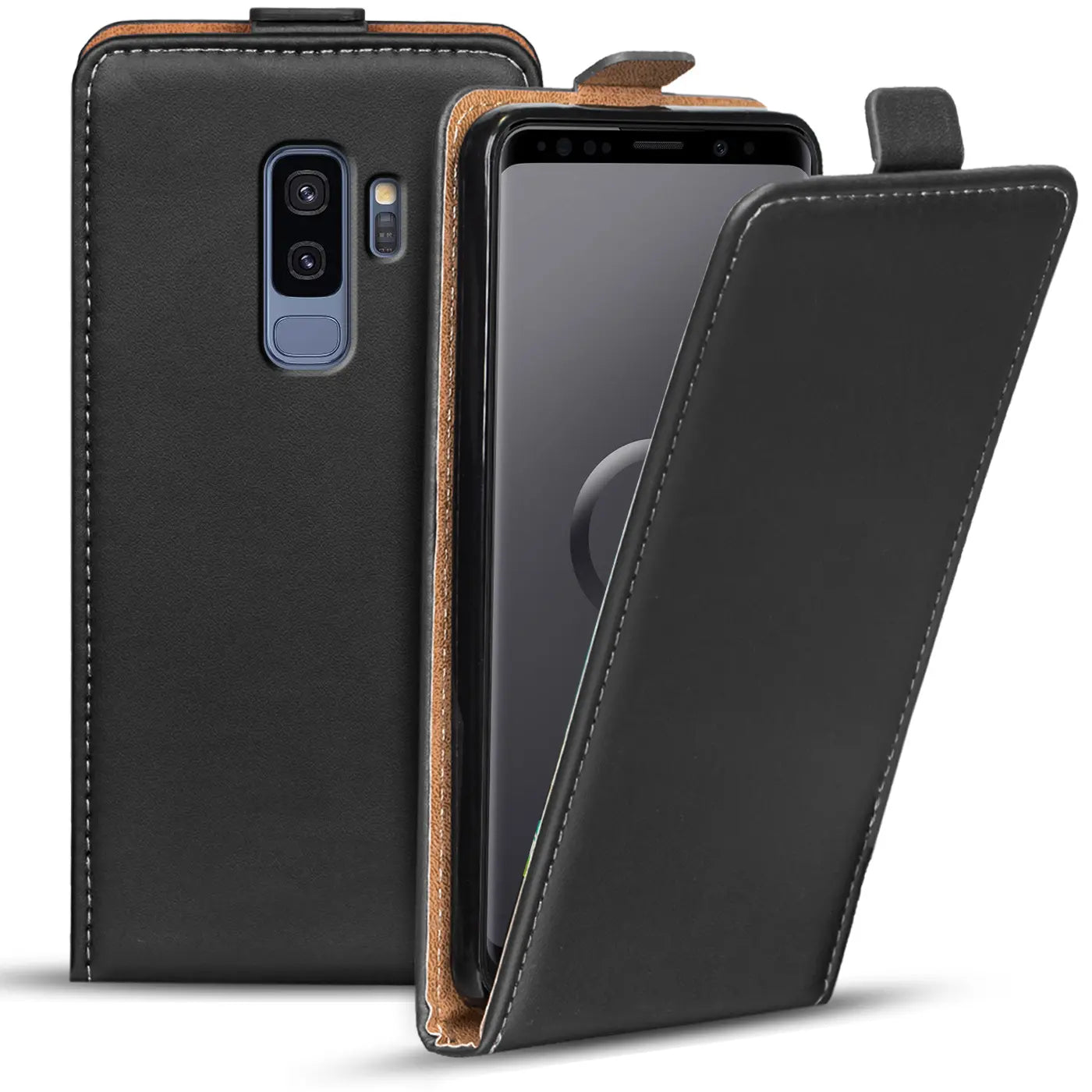 Schwarze Leder-Flip-Hülle mit braunem Rand für Samsung Galaxy S9 Plus, von vorne schräg