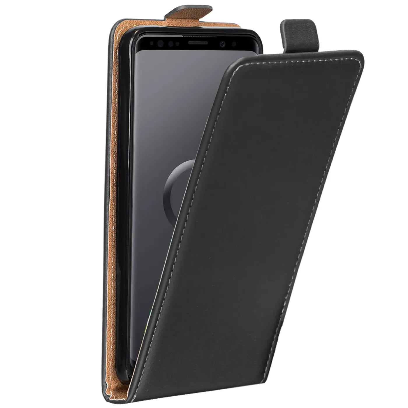 Schwarzes Leder-Flip-Case mit Nähten, zeigt Samsung Galaxy S9 Plus, Seitenansicht.