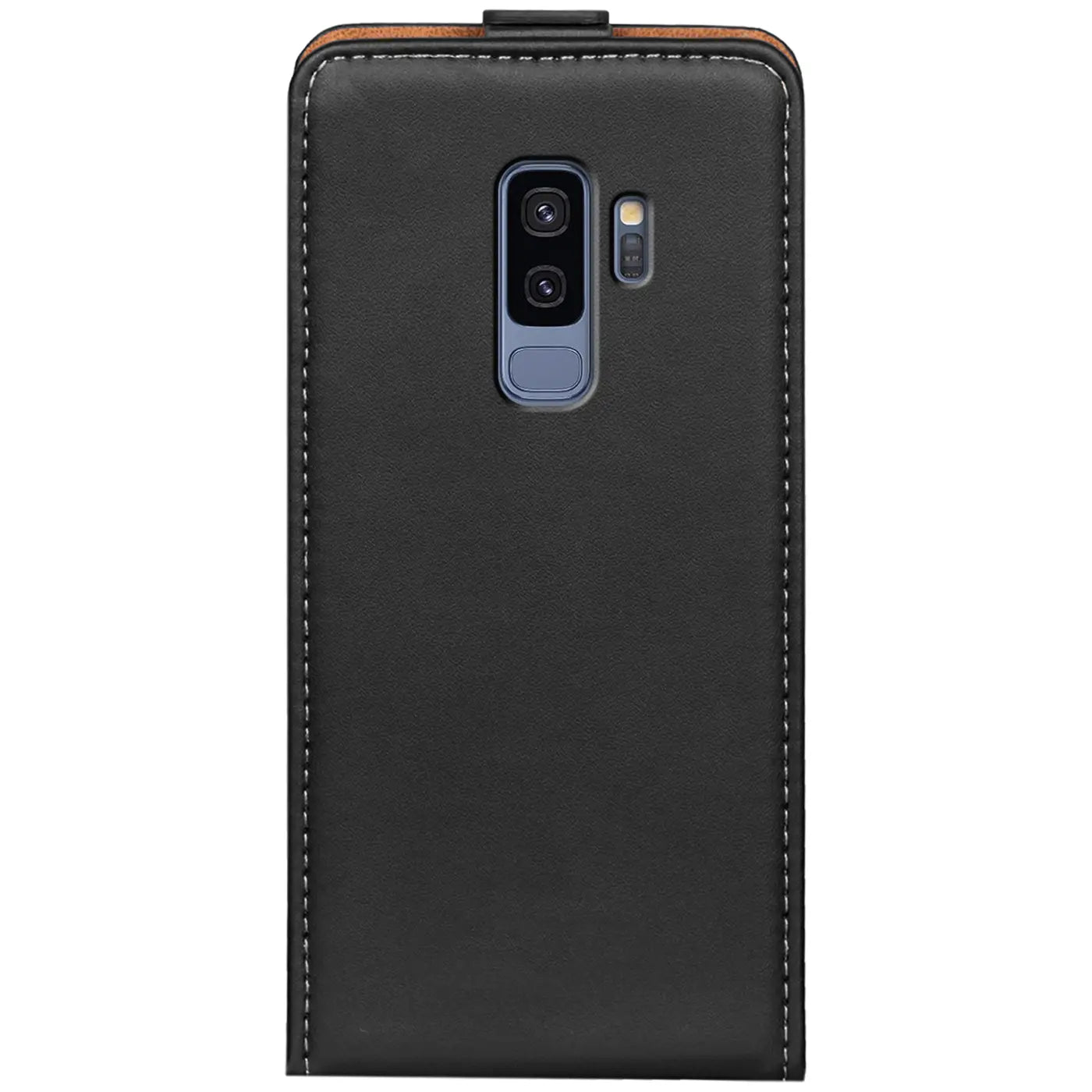 Schwarze Lederhülle für Samsung Galaxy S9 Plus, Rückansicht, mit Kameraaussparung.