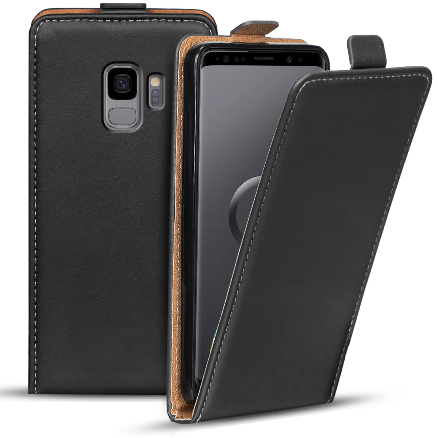 Schwarze Leder-Flip-Hülle für Samsung Galaxy S9, von vorne, offen