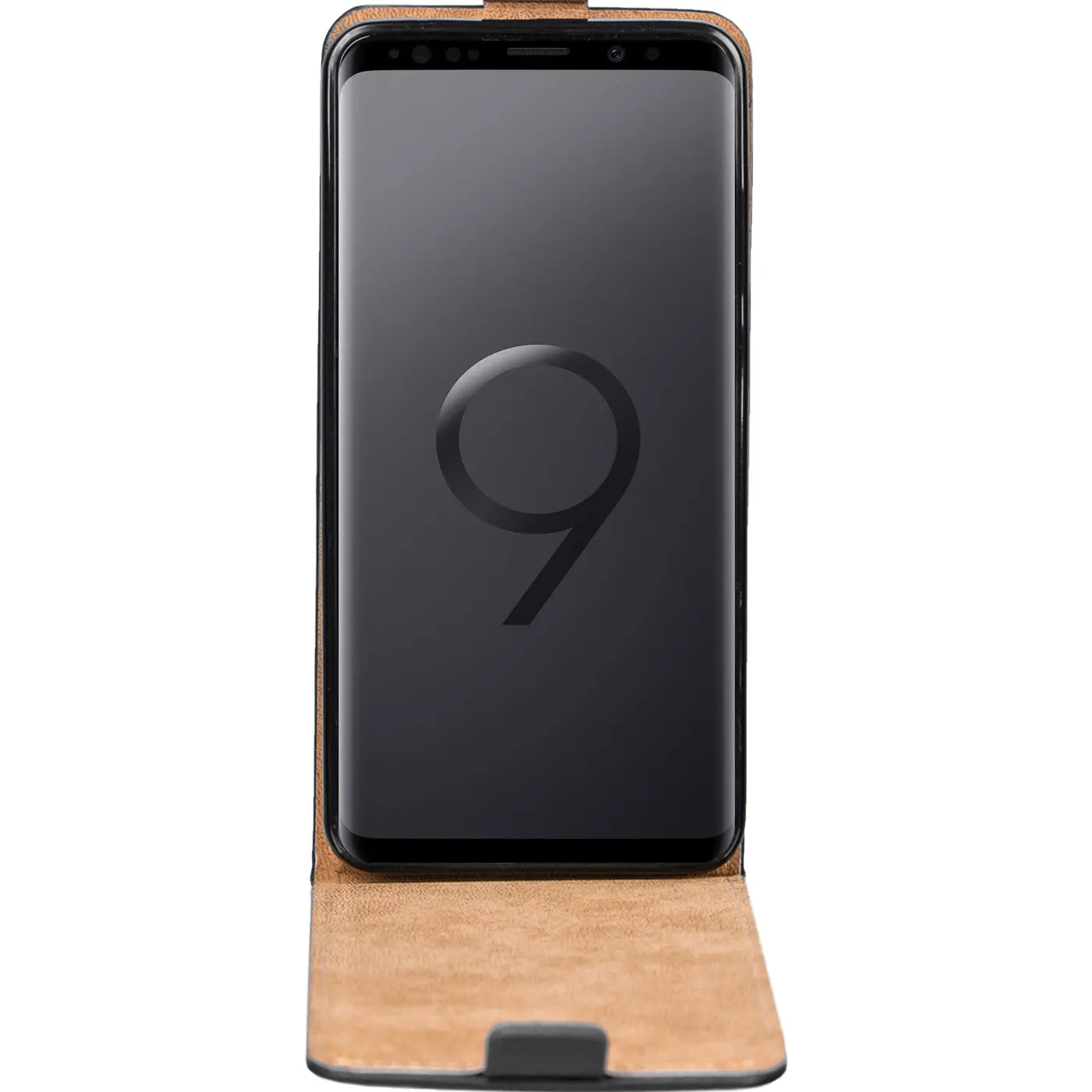 Samsung Galaxy S9 in brauner Leder-Flip-Hülle, Vorderansicht