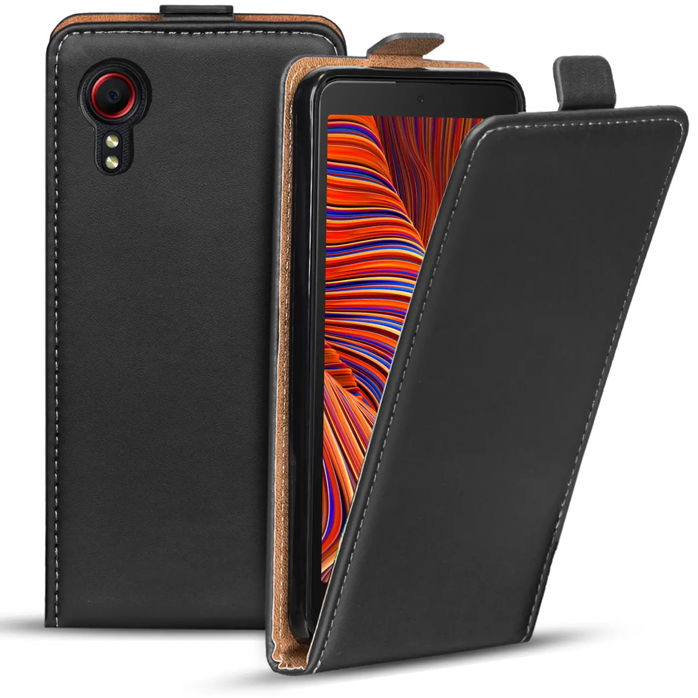 Schwarze Leder-Flip-Hülle für Samsung Galaxy XCover 5, von vorne, offen.