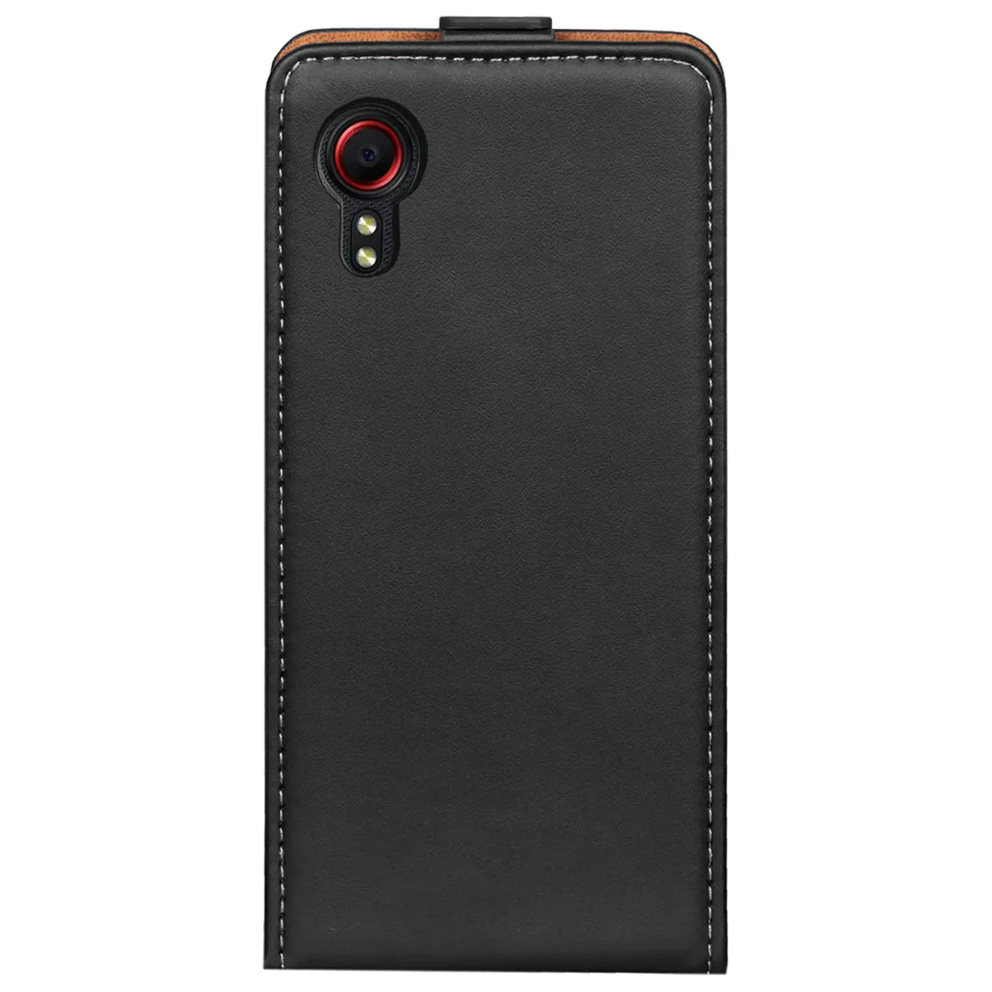 Schwarze Leder-Flip-Hülle mit braunem Rand, Rückansicht, für Samsung Galaxy XCover 5.