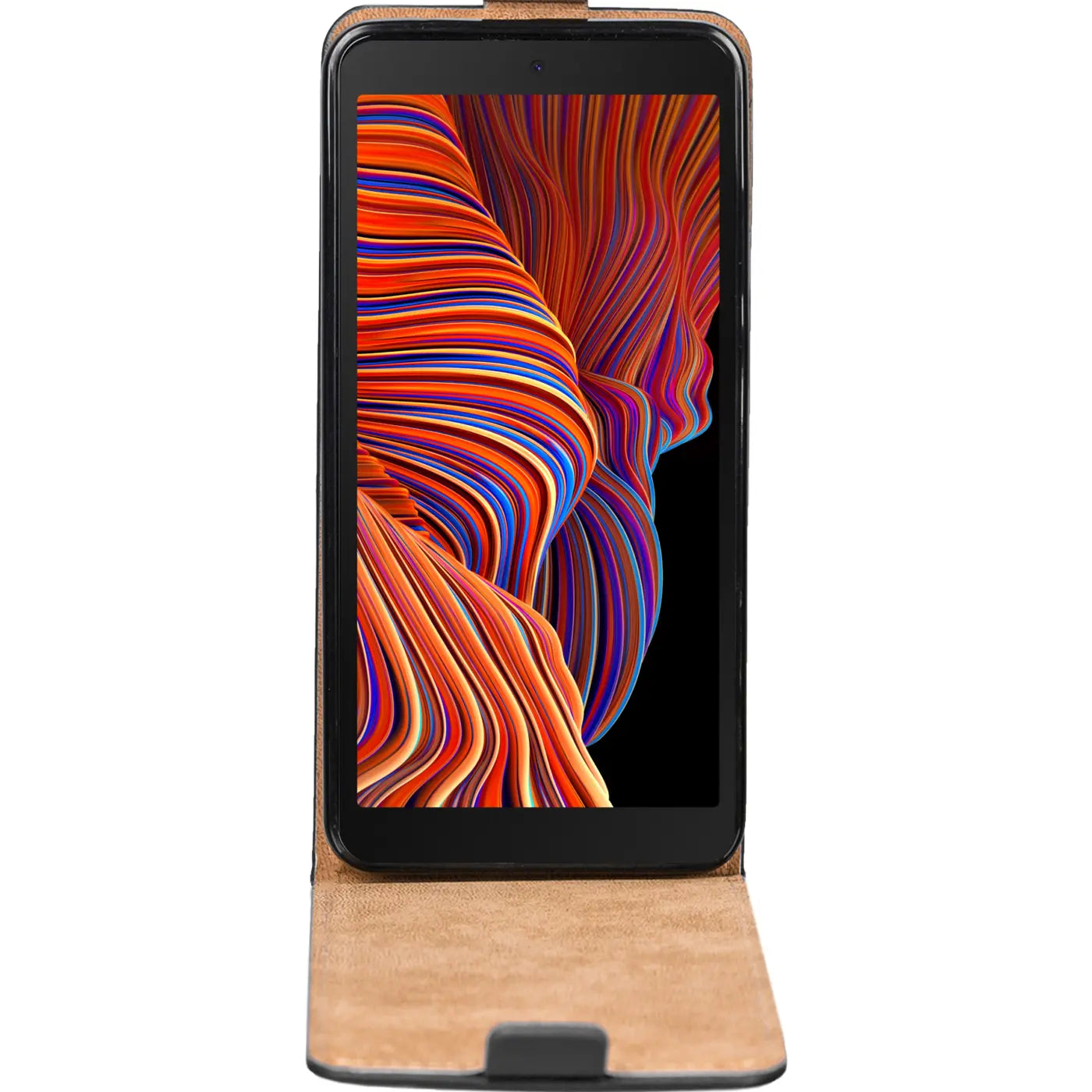 Samsung Galaxy XCover 5 in brauner Leder-Flip-Hülle, Vorderansicht.