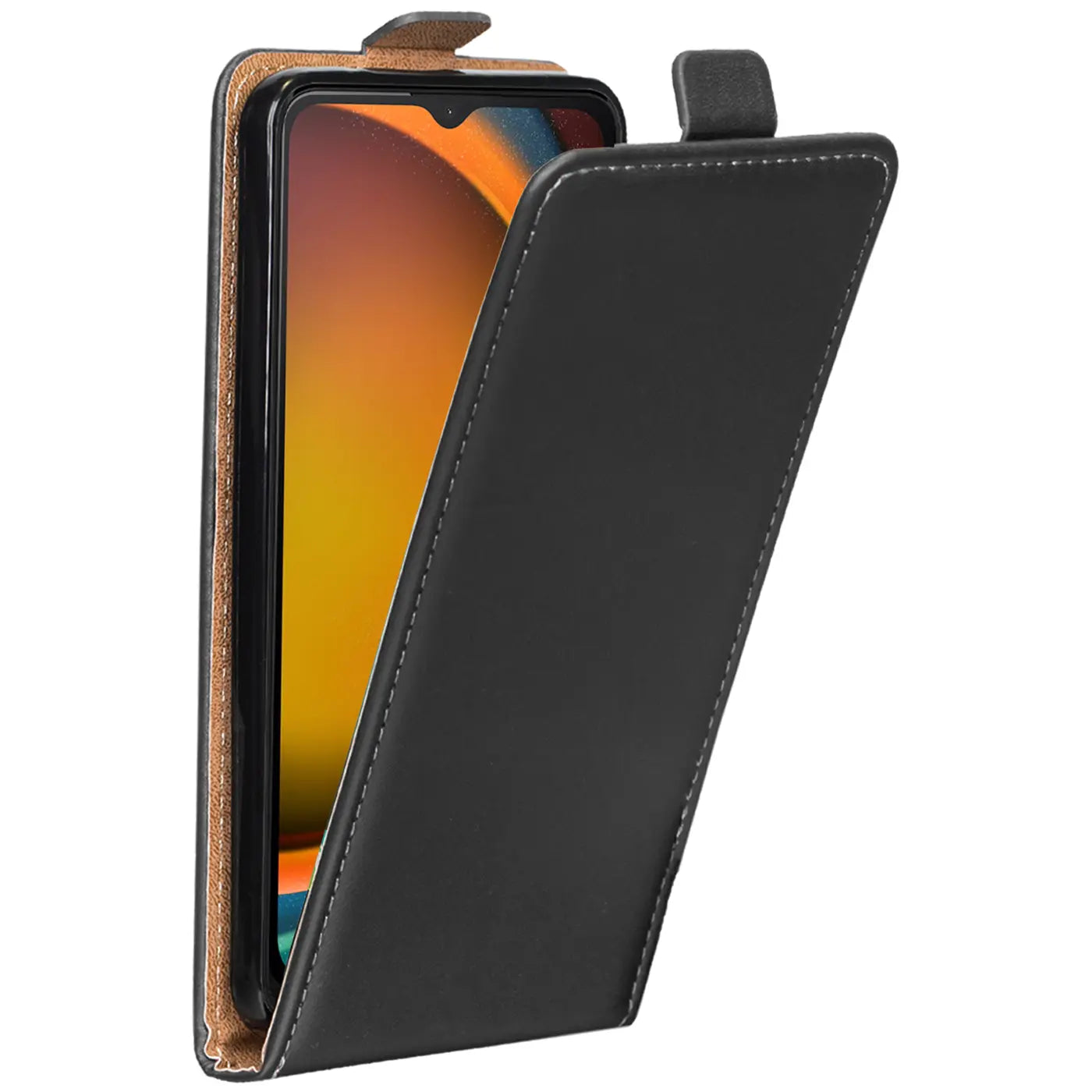 Schwarze Leder-Flip-Hülle mit offenem Klappdeckel, zeigt Samsung Galaxy XCover 7.