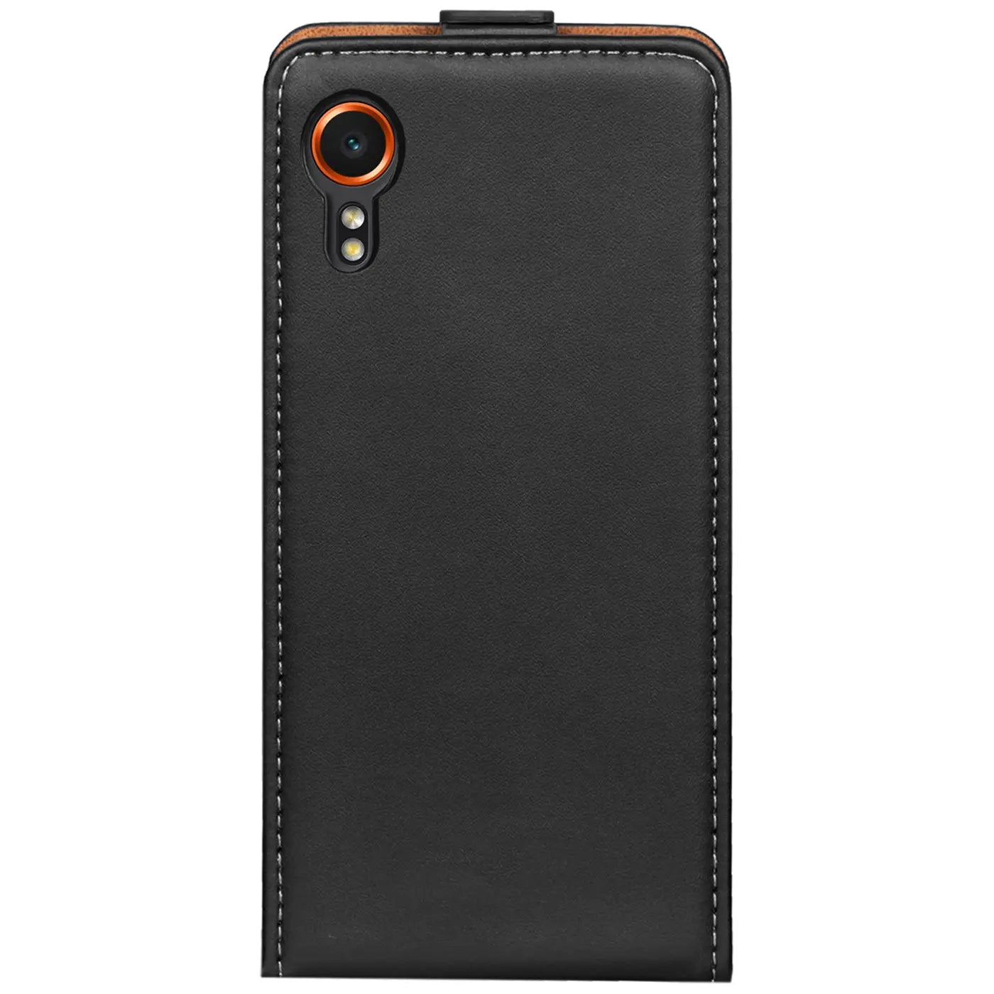 Schwarze Leder-Flip-Hülle mit Nähten, Rückansicht, Samsung Galaxy XCover 7