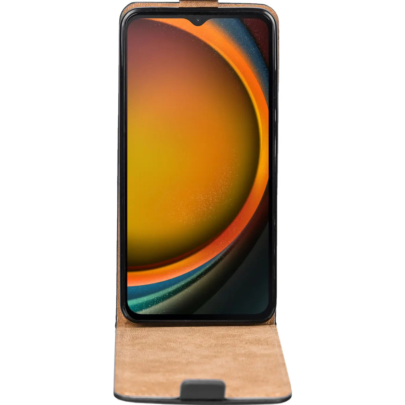 Braune Kunstleder-Flip-Hülle mit offenem Klappteil, zeigt Samsung Galaxy XCover 7.