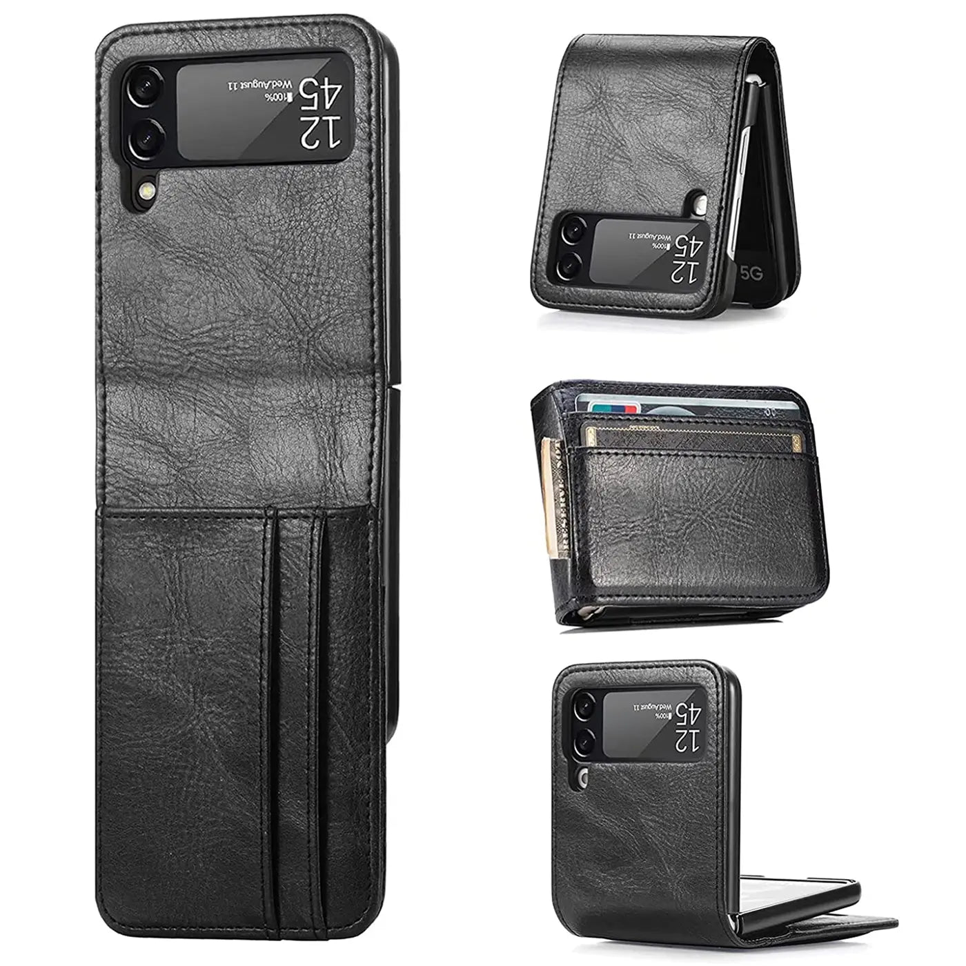 Schwarze Kunstlederhülle für Samsung Galaxy Z Flip 3, offen, mit Kartenfächern.