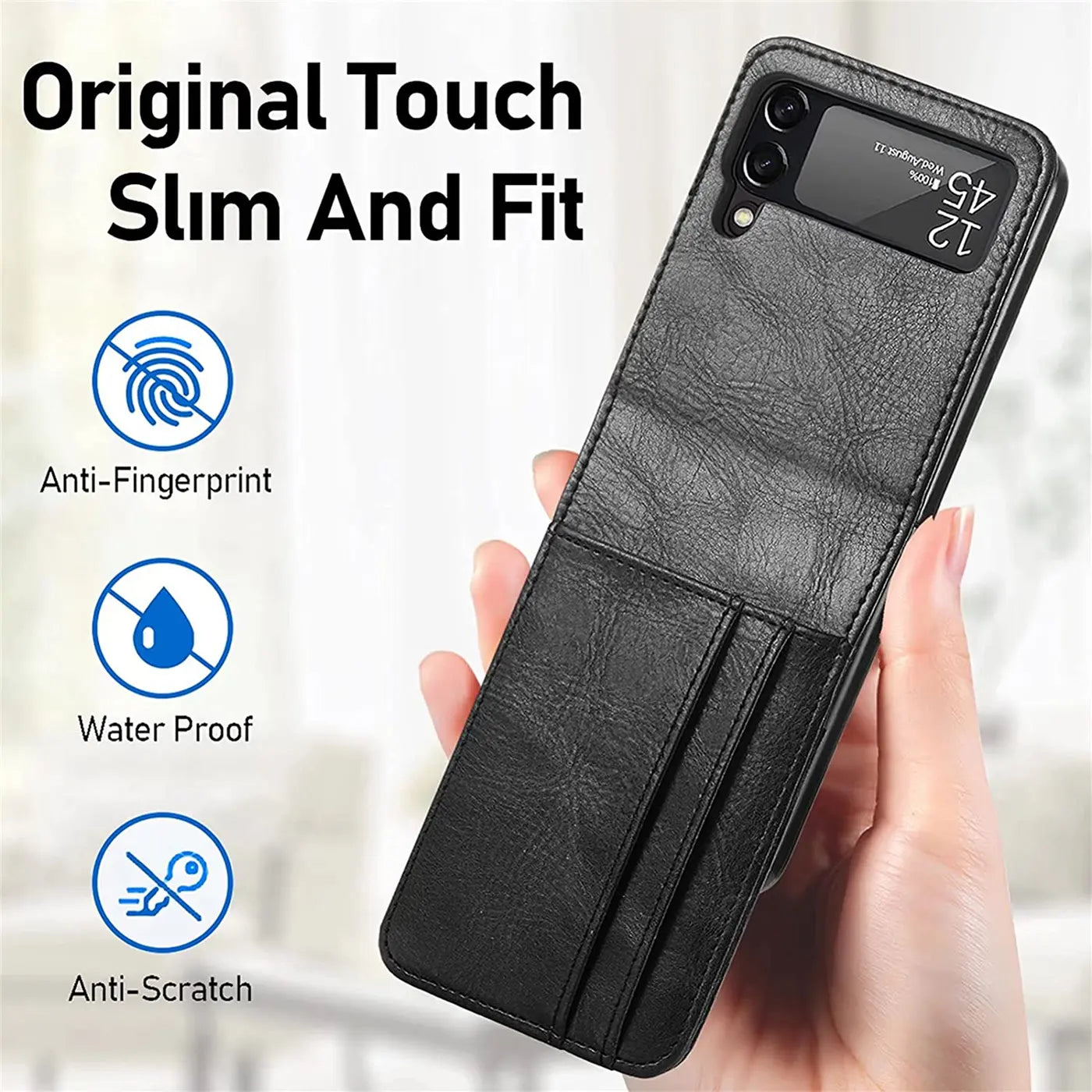 Schwarze Kunstlederhülle für Samsung Galaxy Z Flip 3, von vorne mit Kartenfächern.