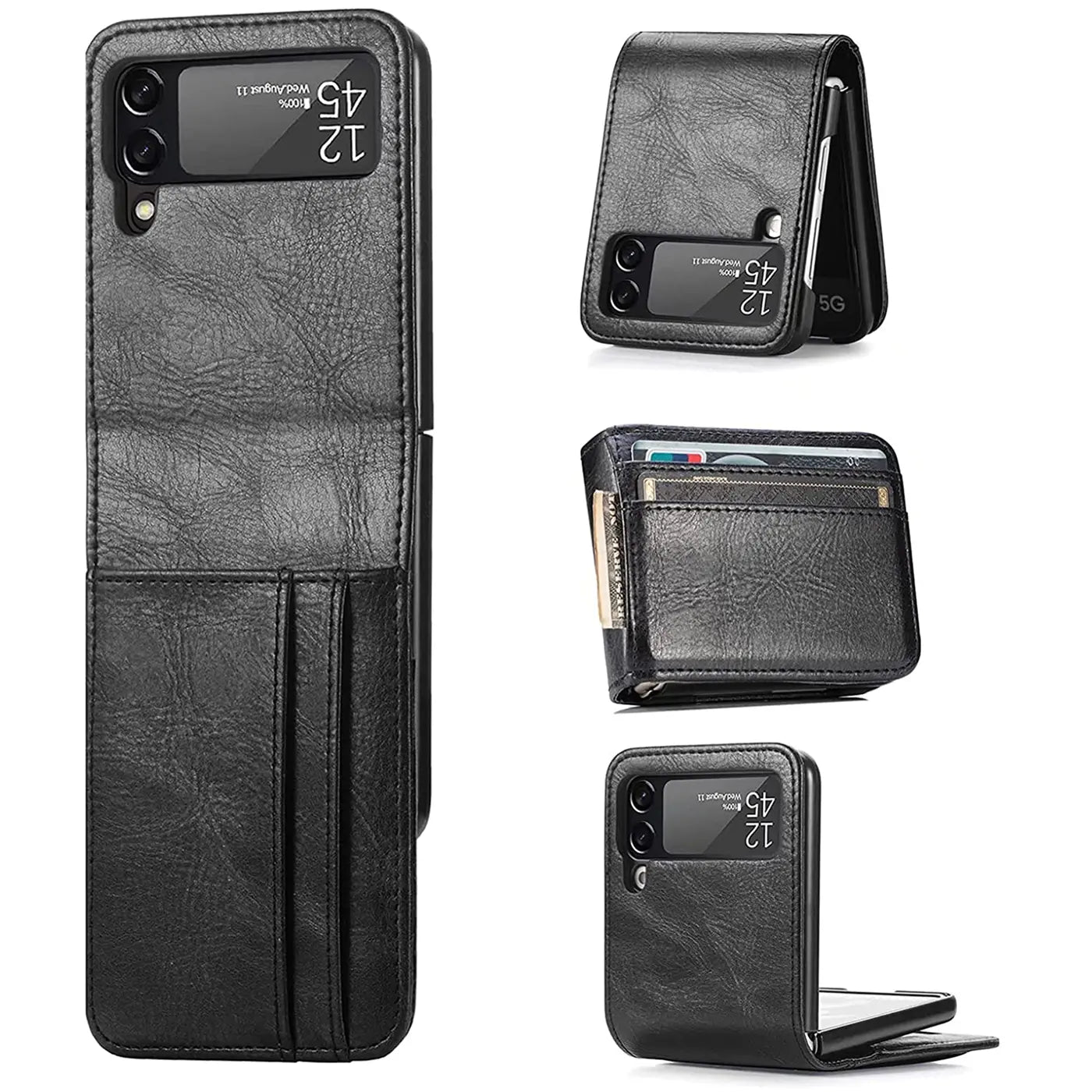 Schwarze Lederhülle mit Kartenfächern für Samsung Galaxy Z Flip 4, verschiedene Ansichten.