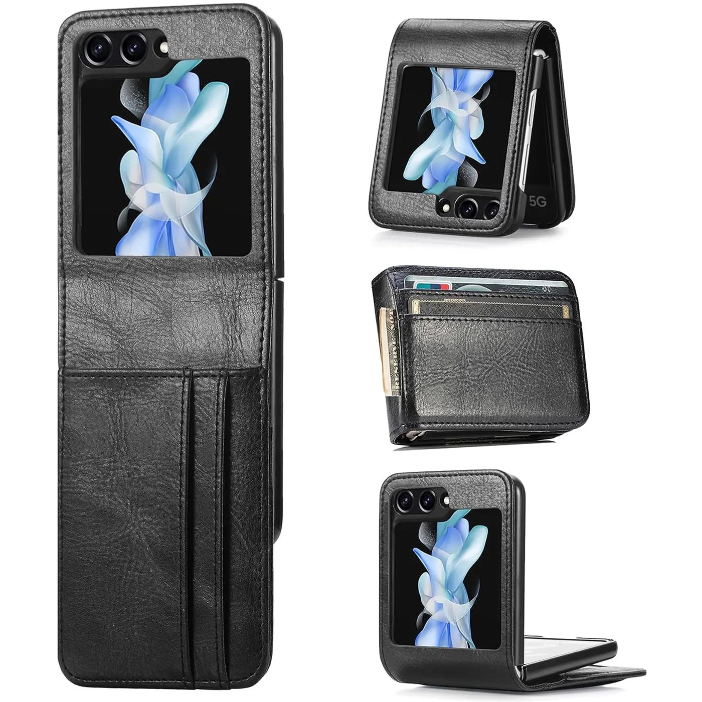 Schwarze Lederhülle mit Kartenfächern für Samsung Galaxy Z Flip 5, verschiedene Ansichten.