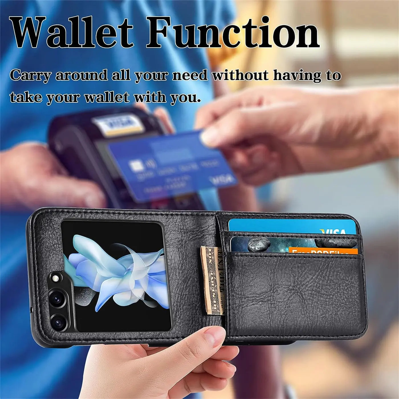 Schwarze Leder-Klapphülle mit Samsung Z Flip 5, Kartenfächern, von vorne