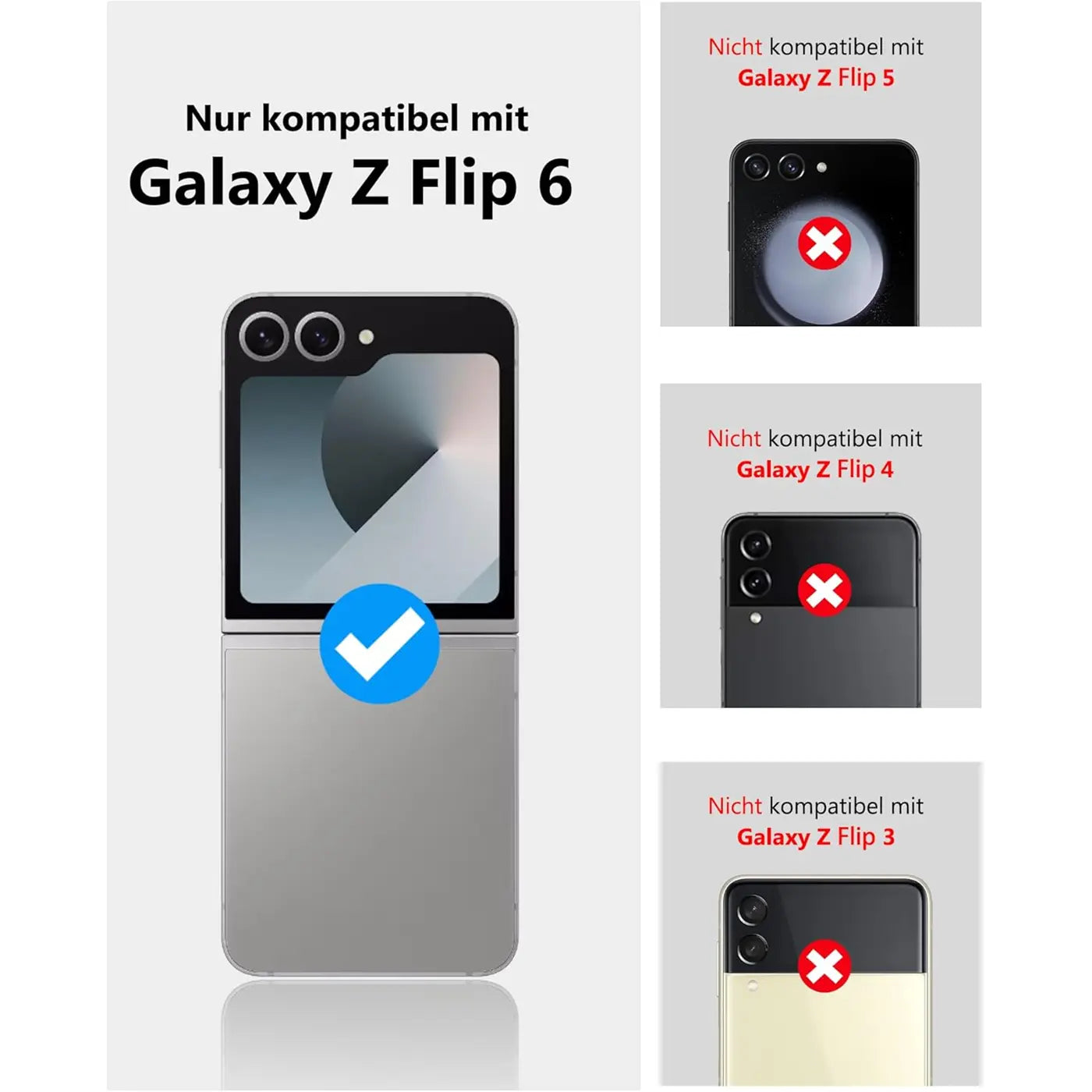 Silbernes Samsung Galaxy Z Flip 6, aufrecht, Vorderansicht. Kompatibilitätshinweis.