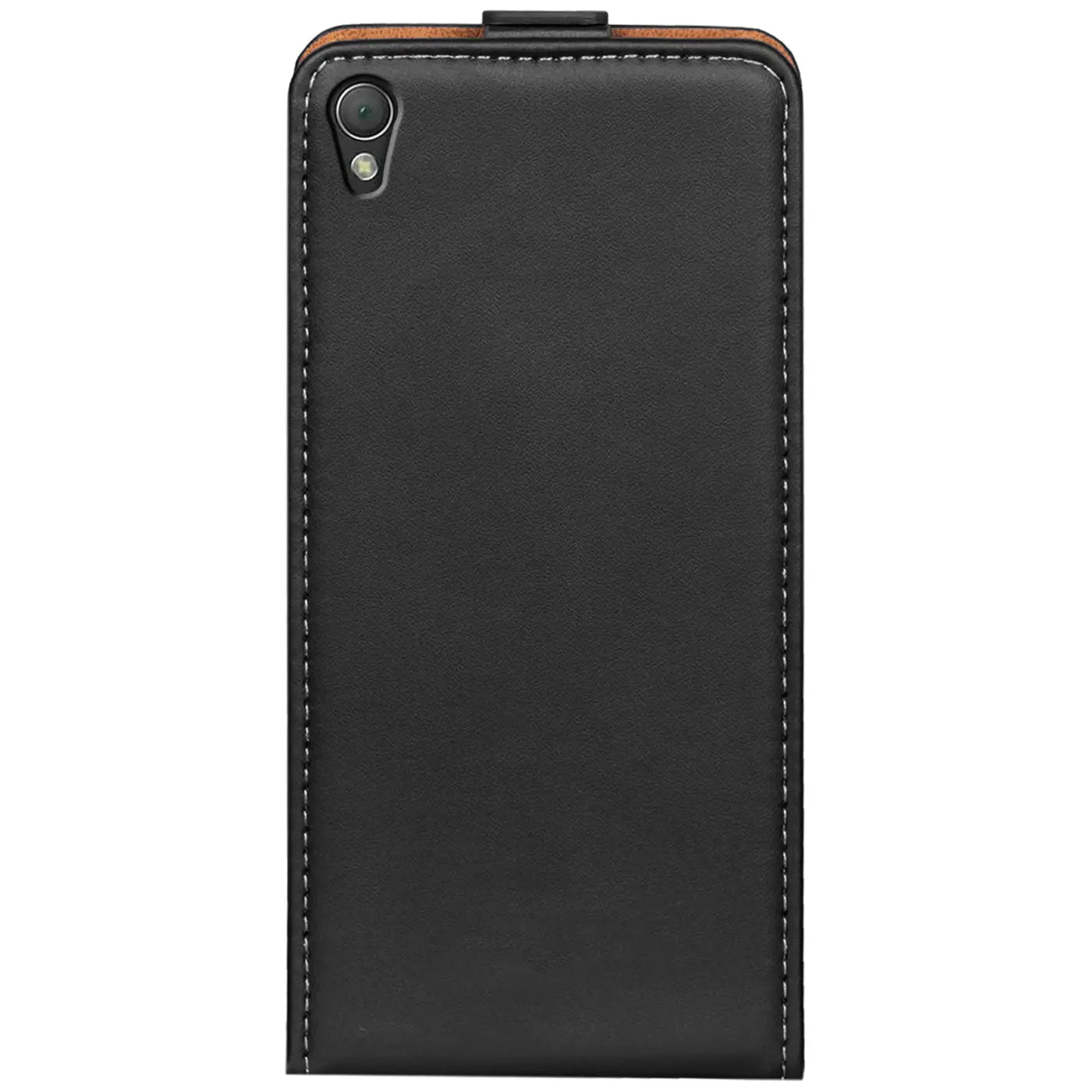 Schwarze Leder-Flip-Hülle mit Nähten, Rückansicht, Sony Xperia Z3+ erkennbar.