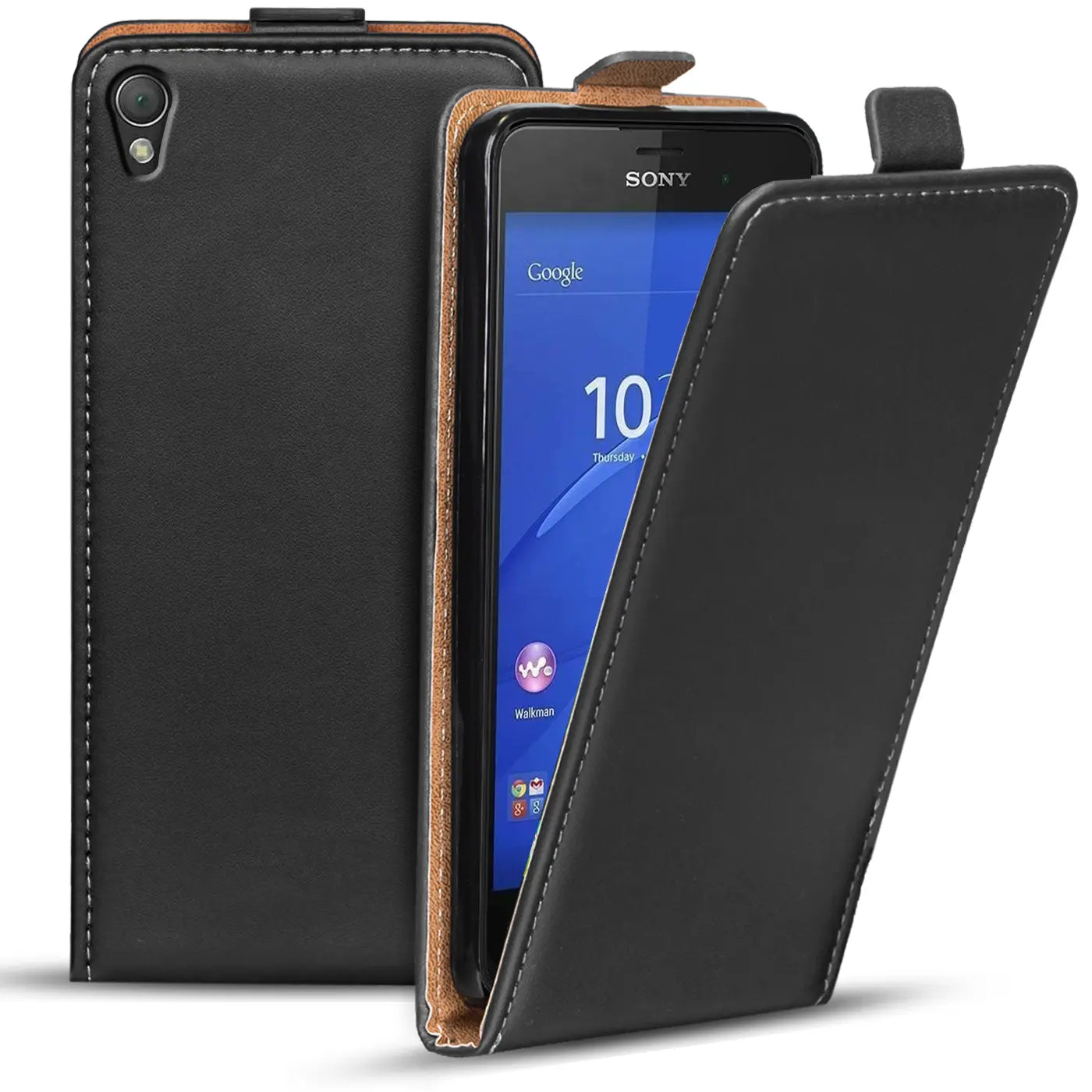 Schwarze Leder-Flip-Hülle für Sony Xperia Z3, von vorne, halb geöffnet.