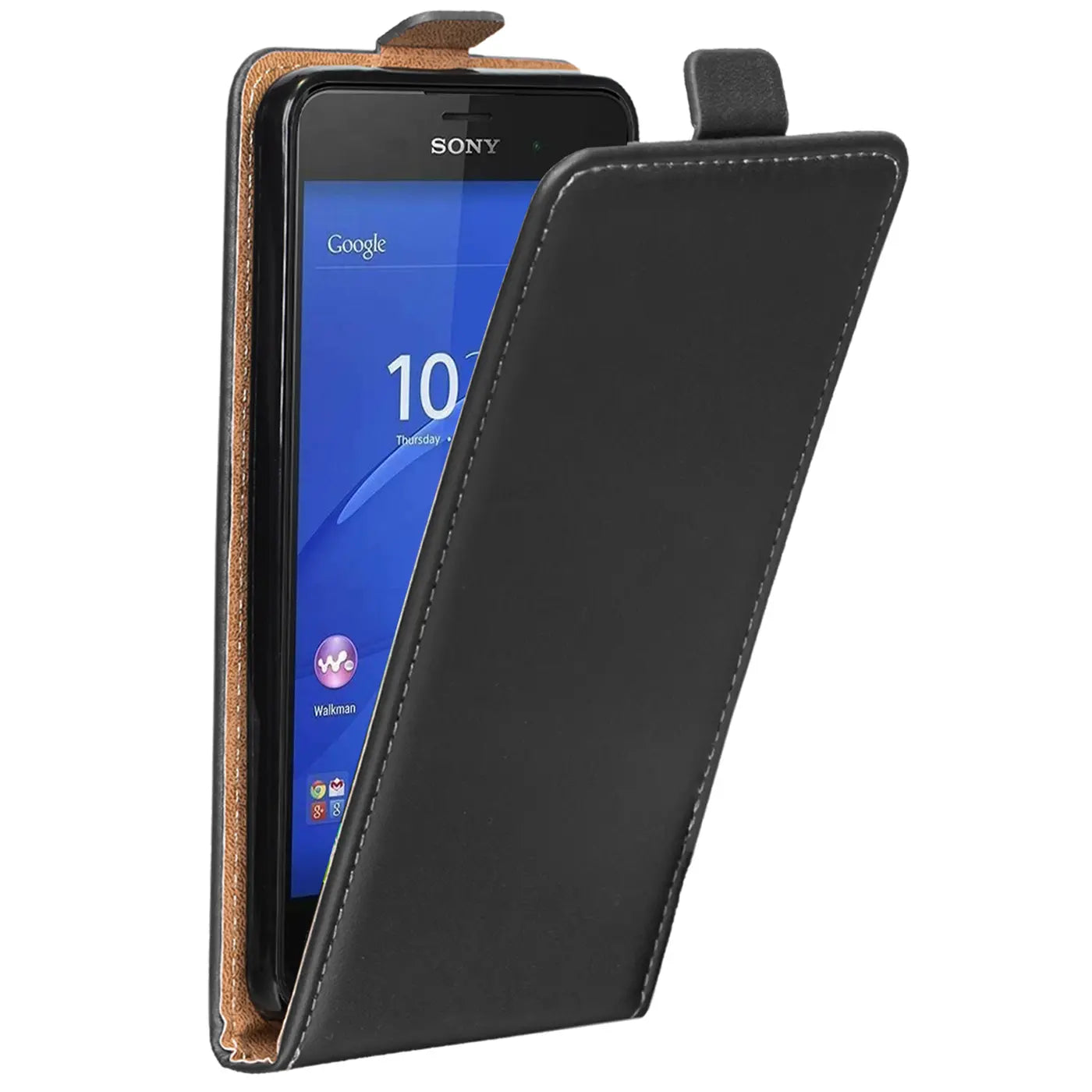 Schwarze Leder-Flip-Hülle für Sony Xperia Z3, von vorne schräg gezeigt.
