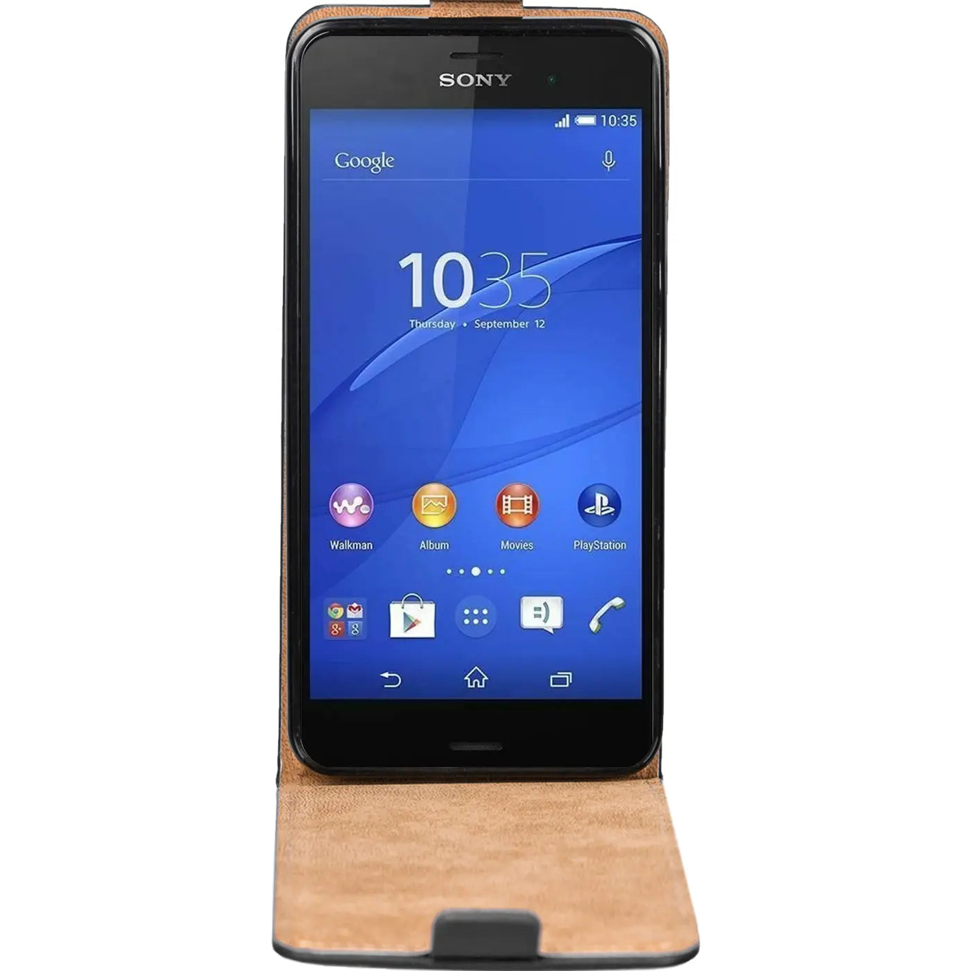 Sony Xperia Z3 mit brauner Klapphülle aus Leder, Vorderansicht.