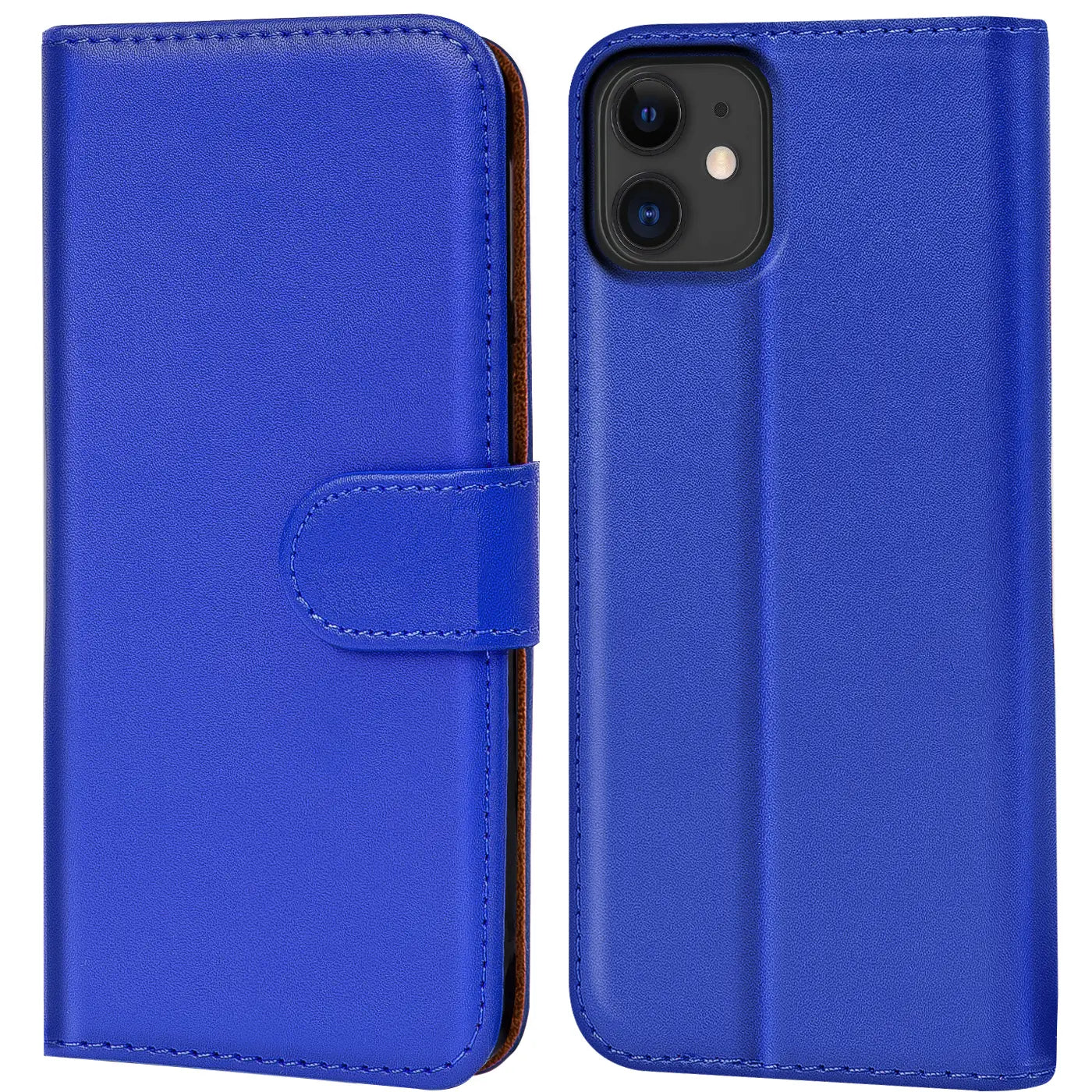 Blaue Kunstleder-Klapphülle mit Kartenfächern, Vorder- und Rückansicht, iPhone 11.