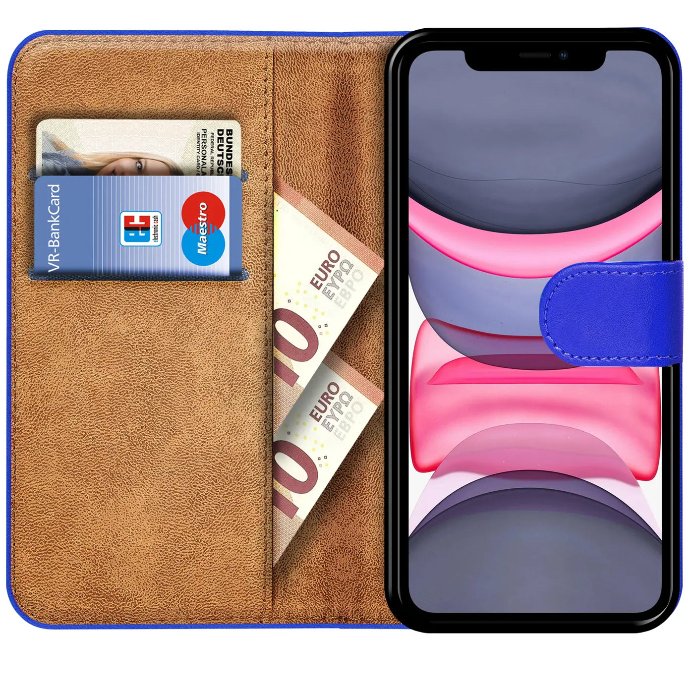 Braune Leder-Klapphülle mit Kartenfächern und blauem Verschluss, zeigt iPhone 11.