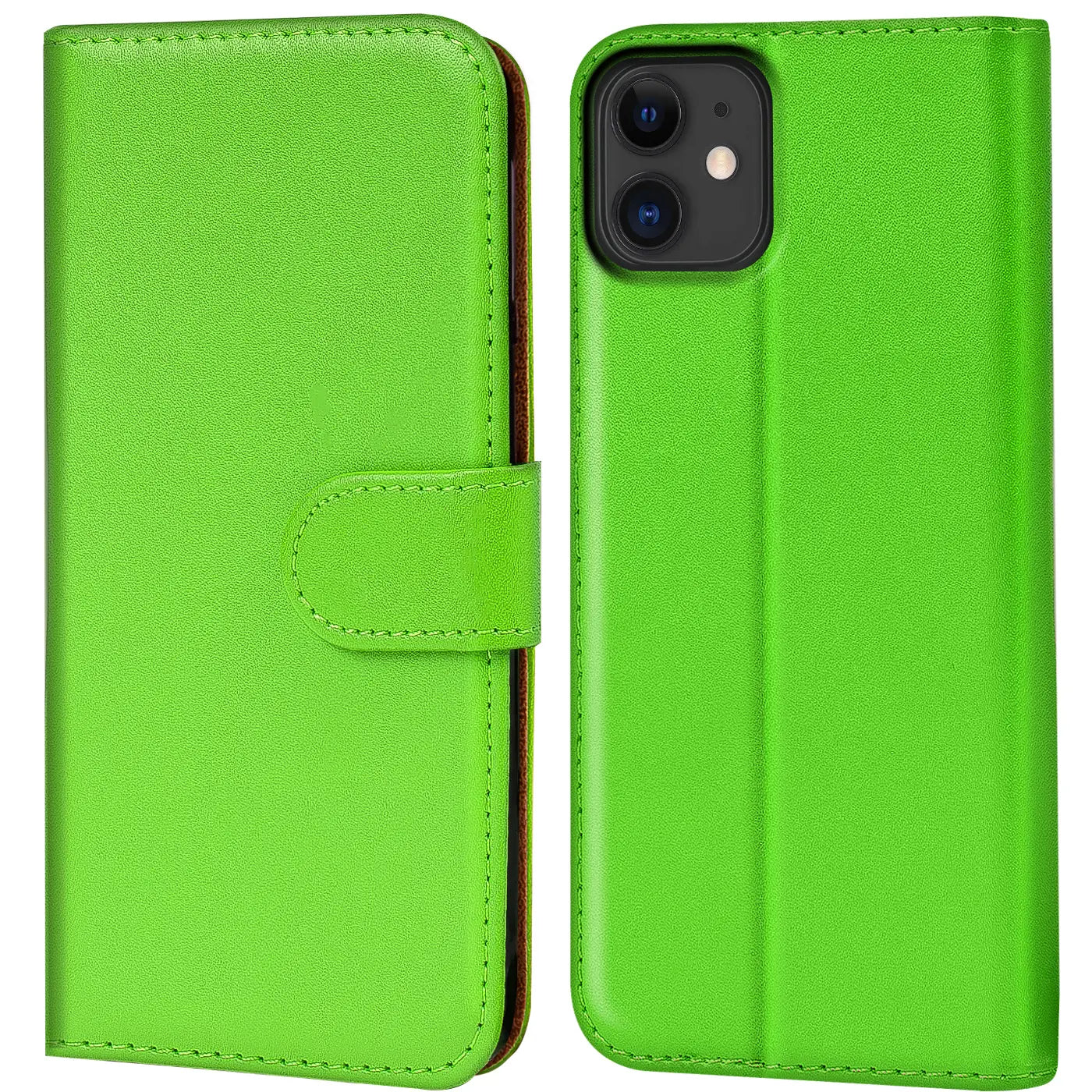 Grüne Kunstleder-Klapphülle mit Kartenfächern, Vorder- und Rückansicht, iPhone 11