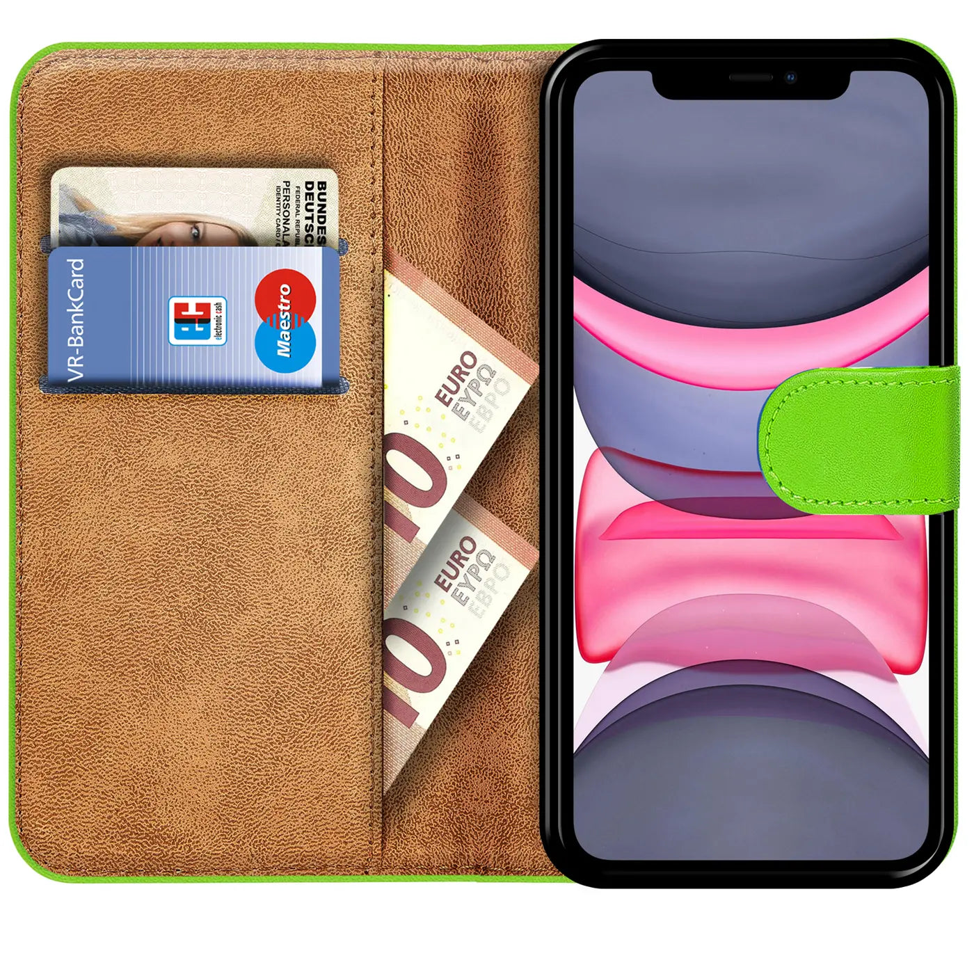 Grüne Klapphülle aus Leder mit Kartenfächern, zeigt iPhone 11, von vorne