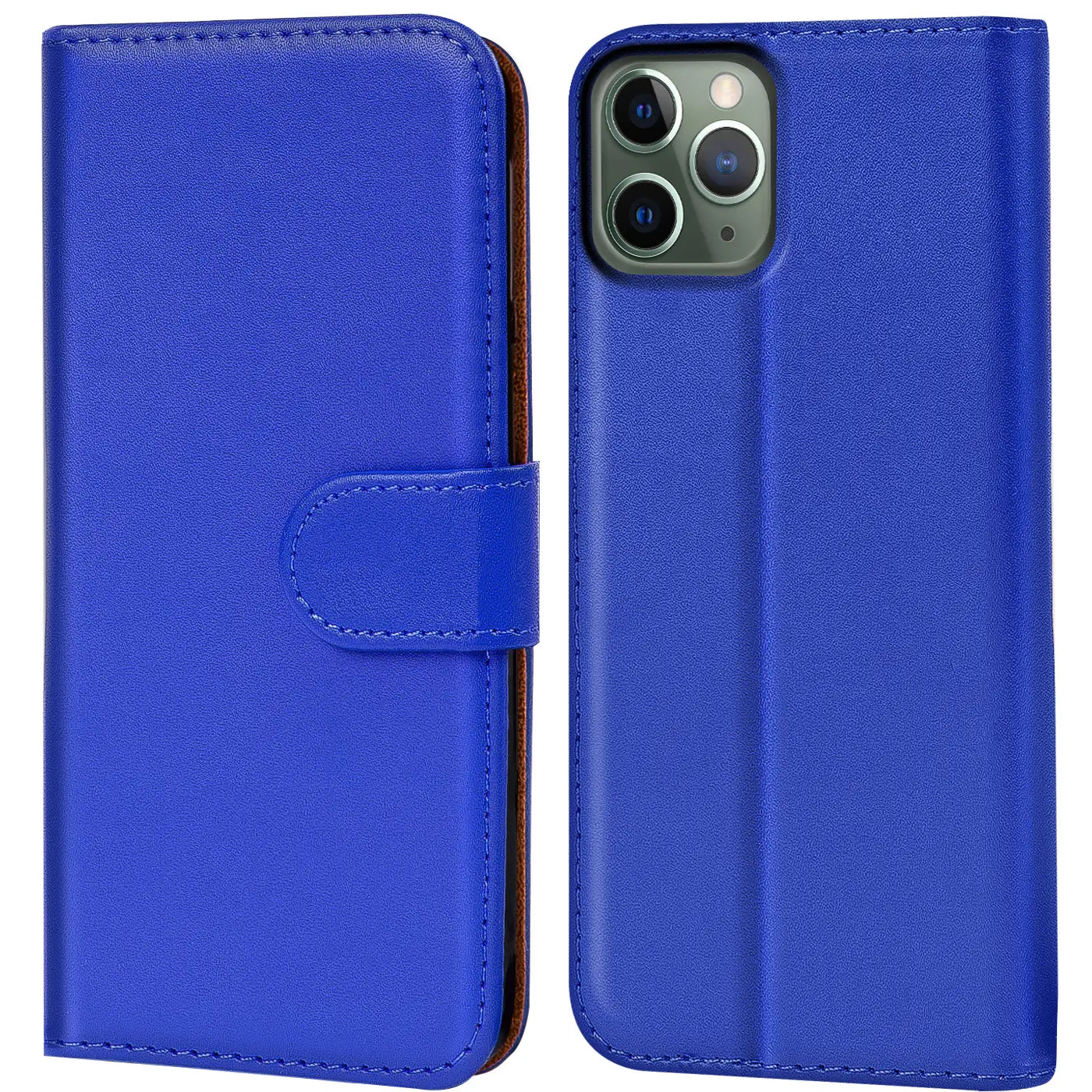 Blaue Kunstleder-Klapphülle mit Kartenfächern, Vorder- und Rückansicht, iPhone 11 Pro.