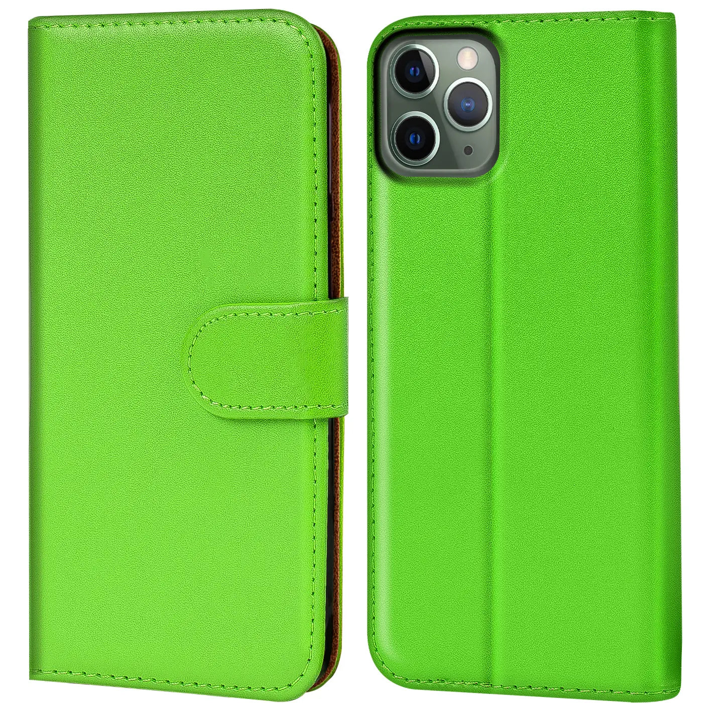 Grüne Leder-Klapphülle mit Kartenfächern für iPhone 11 Pro, Vorder- und Rückansicht.