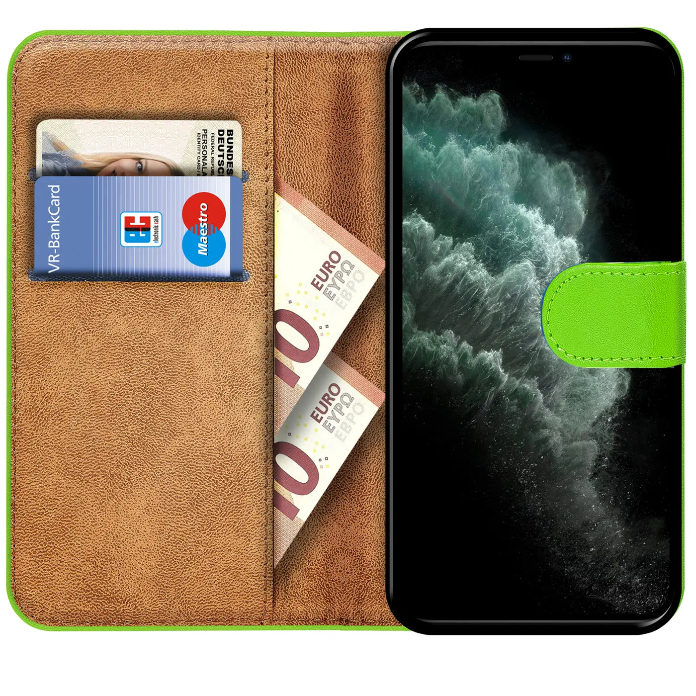 Grüne Klapphülle aus Lederimitat mit Kartenfächern und Geldscheinfach für iPhone 11 Pro.