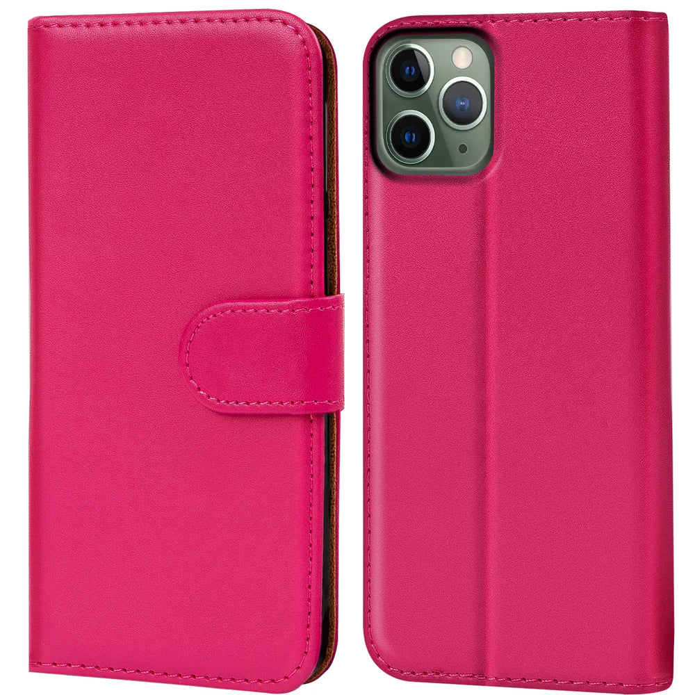Fuchsia Leder Klapphülle mit Kartenfächern, iPhone 11 Pro Max, Vorder- und Rückansicht.