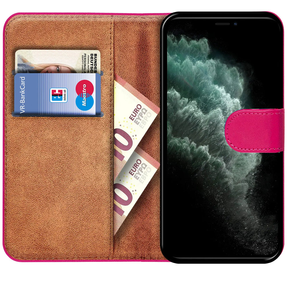 Pink Kunstleder Klapphülle mit Kartenfächern, zeigt iPhone 11 Pro Max.