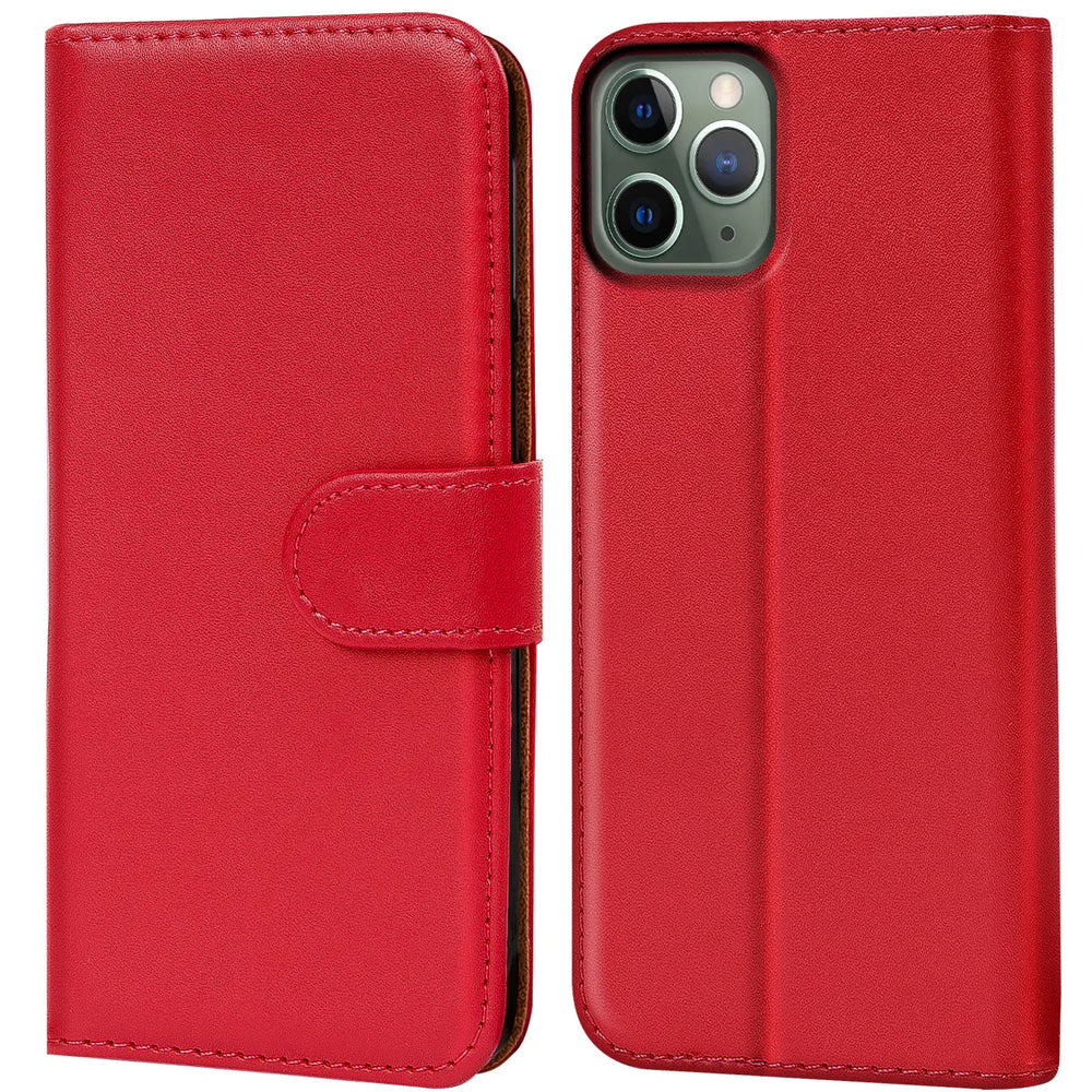 Rote Leder-Klapphülle mit Kartenfächern, Vorderansicht, zeigt iPhone 11 Pro Max.