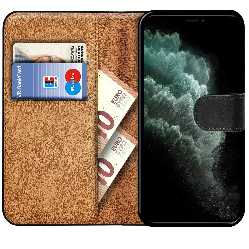 Braune Leder-Klapphülle mit Kartenfächern und Geldscheinen, zeigt iPhone 11 Pro Max.