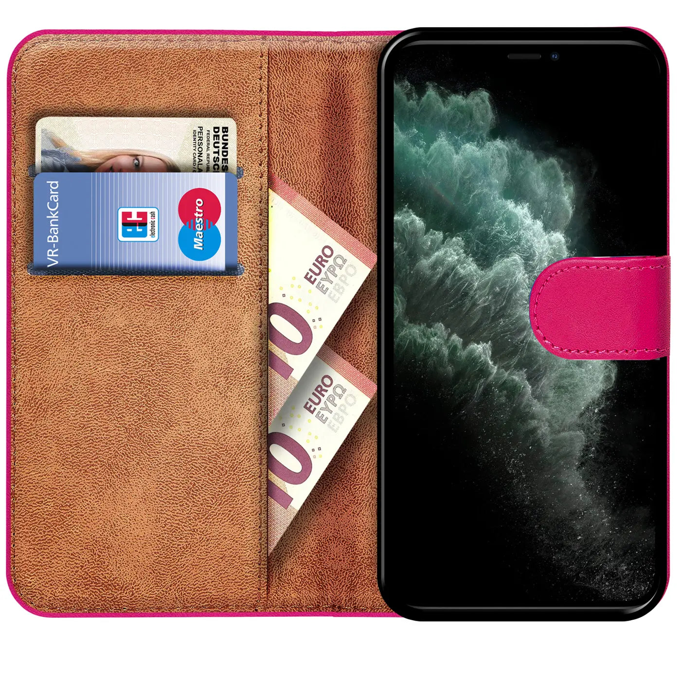 Pink Kunstleder Klapphülle mit Kartenfächern und Geldscheinen, iPhone 11 Pro, von vorne