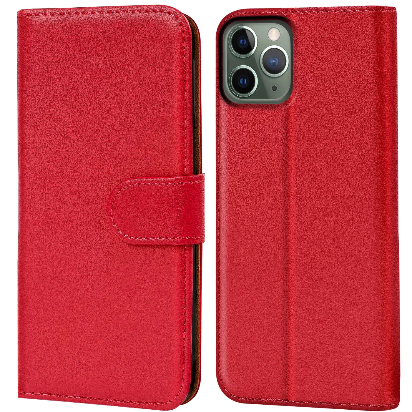 Rote Leder-Klapphülle mit Kartenfächern, Vorder- und Rückansicht, iPhone 11 Pro.
