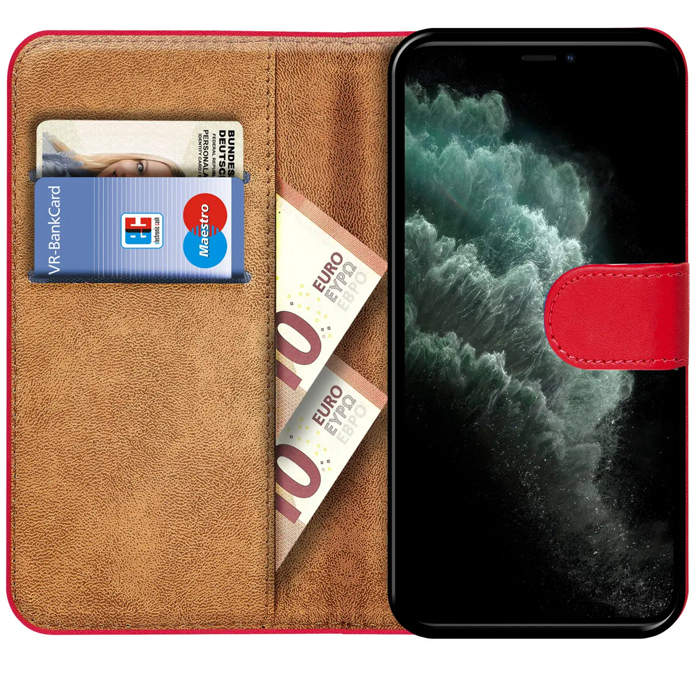 Rote Klapphülle aus Kunstleder mit Kartenfächern und Geldscheinfach, zeigt iPhone 11 Pro.