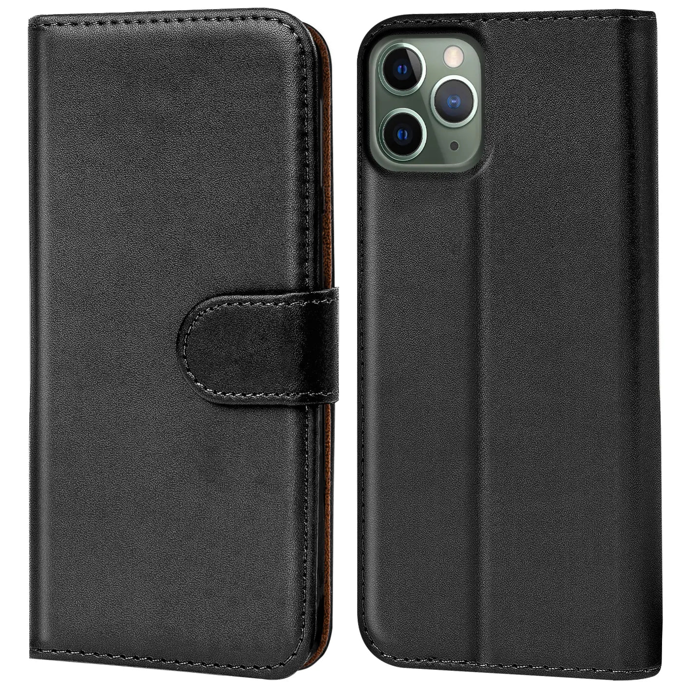 Schwarze Leder-Klapphülle mit Kartenfächern, zeigt iPhone 11 Pro Rückseite und Vorderseite.