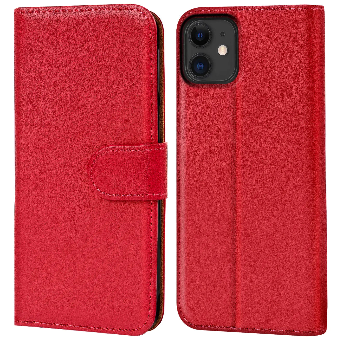 Rote Leder-Klapphülle mit Kartenfächern, zeigt iPhone 11 von vorne und hinten.